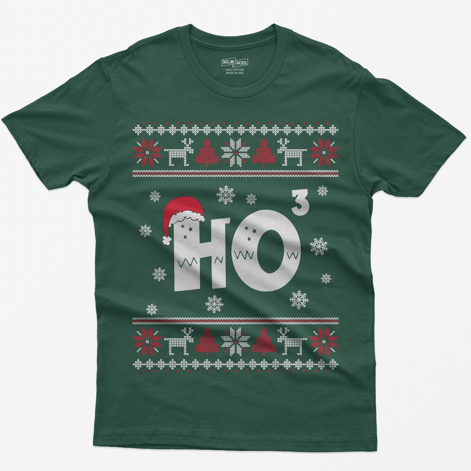 Forest Green t-shirt with Ho cubed, a large HO with exponent 3 in knit lettering wearing a Santa hat, surrounded by snowflakes