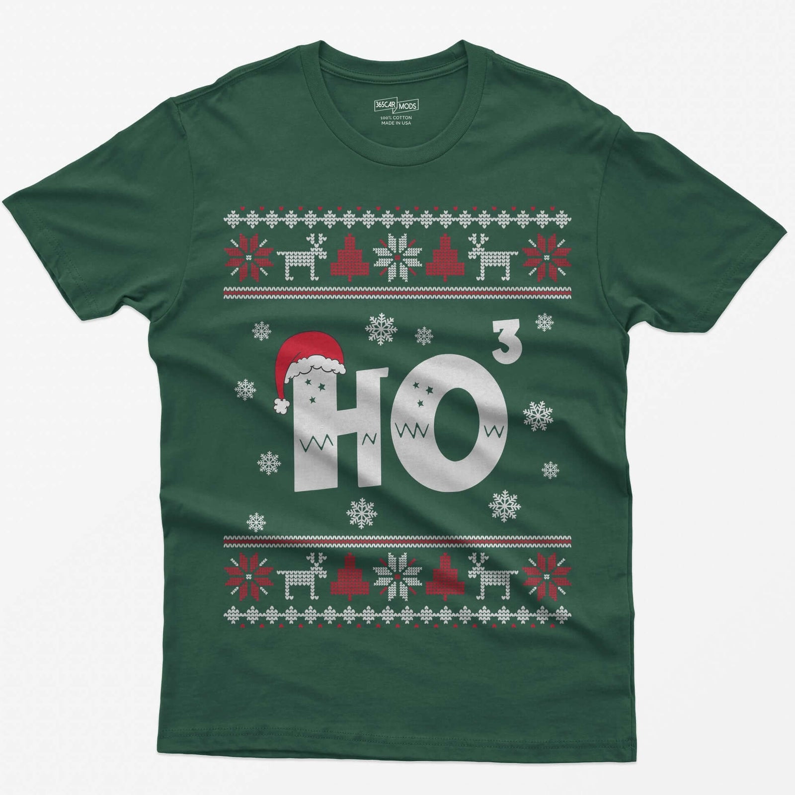 Forest Green t-shirt with Ho cubed, a large HO with exponent 3 in knit lettering wearing a Santa hat, surrounded by snowflakes