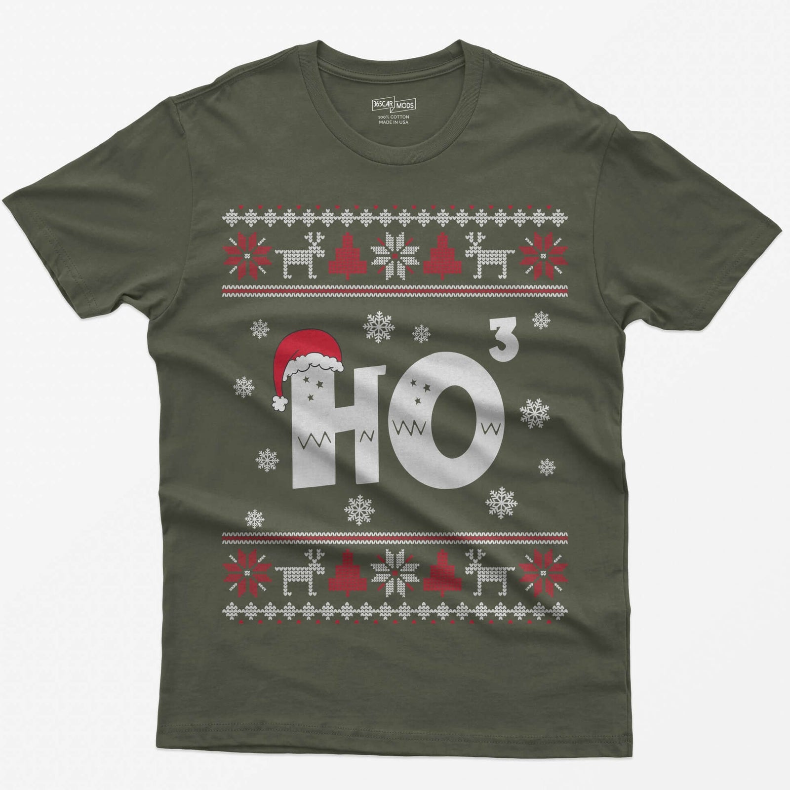 Military Green t-shirt with Ho cubed, a large HO with exponent 3 in knit lettering wearing a Santa hat, surrounded by snowflakes