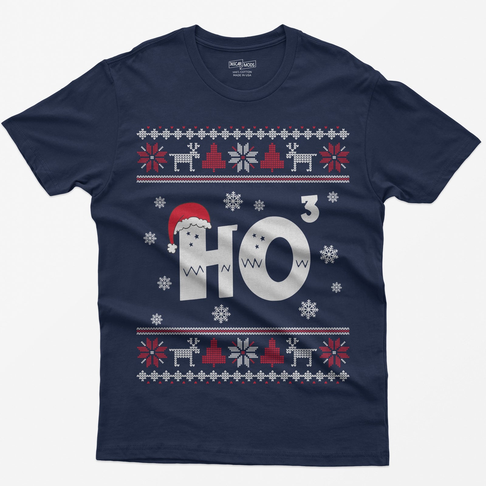 Navy t-shirt with Ho cubed, a large HO with exponent 3 in knit lettering wearing a Santa hat, surrounded by snowflakes