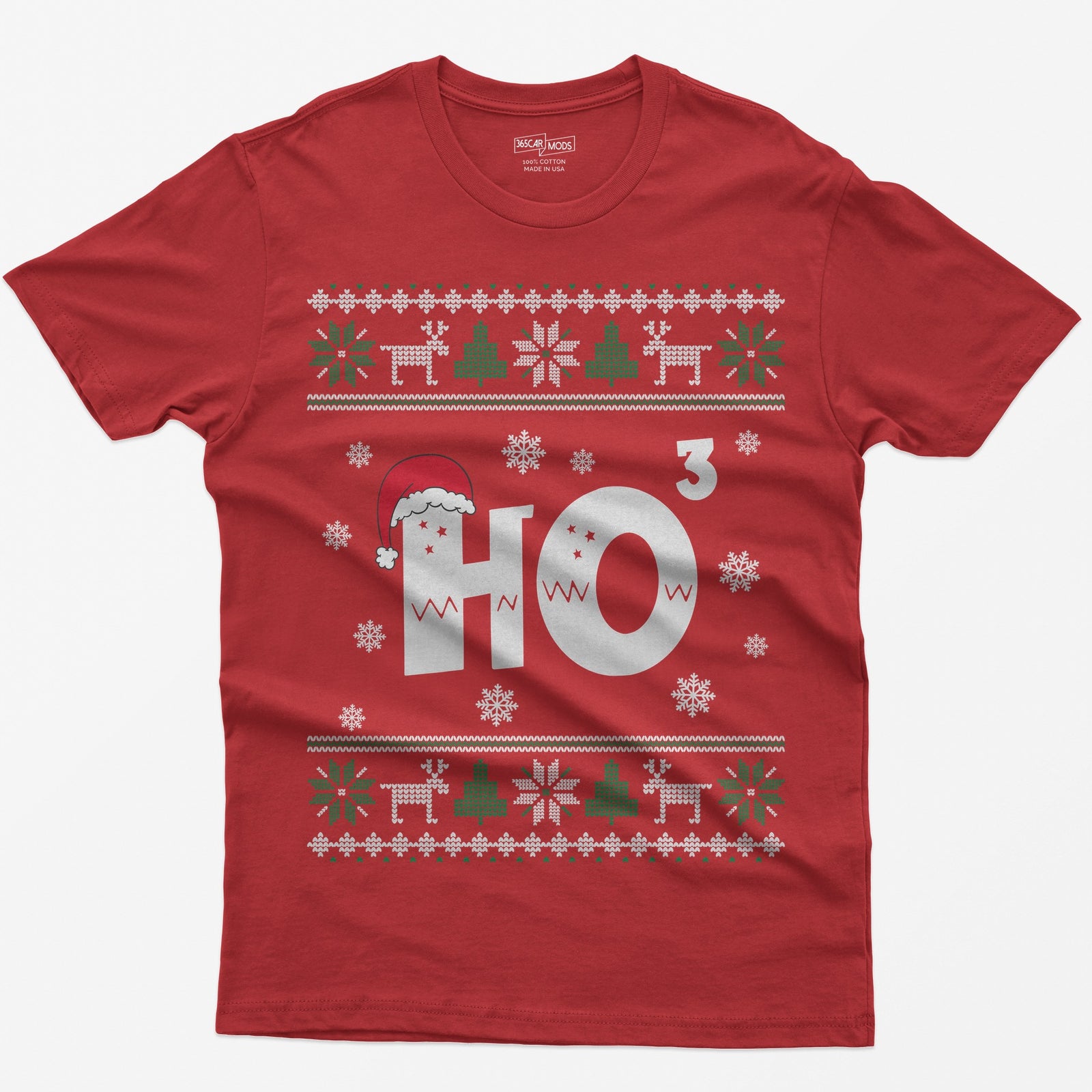 Red t-shirt with Ho cubed, a large HO with exponent 3 in knit lettering wearing a Santa hat, surrounded by snowflakes