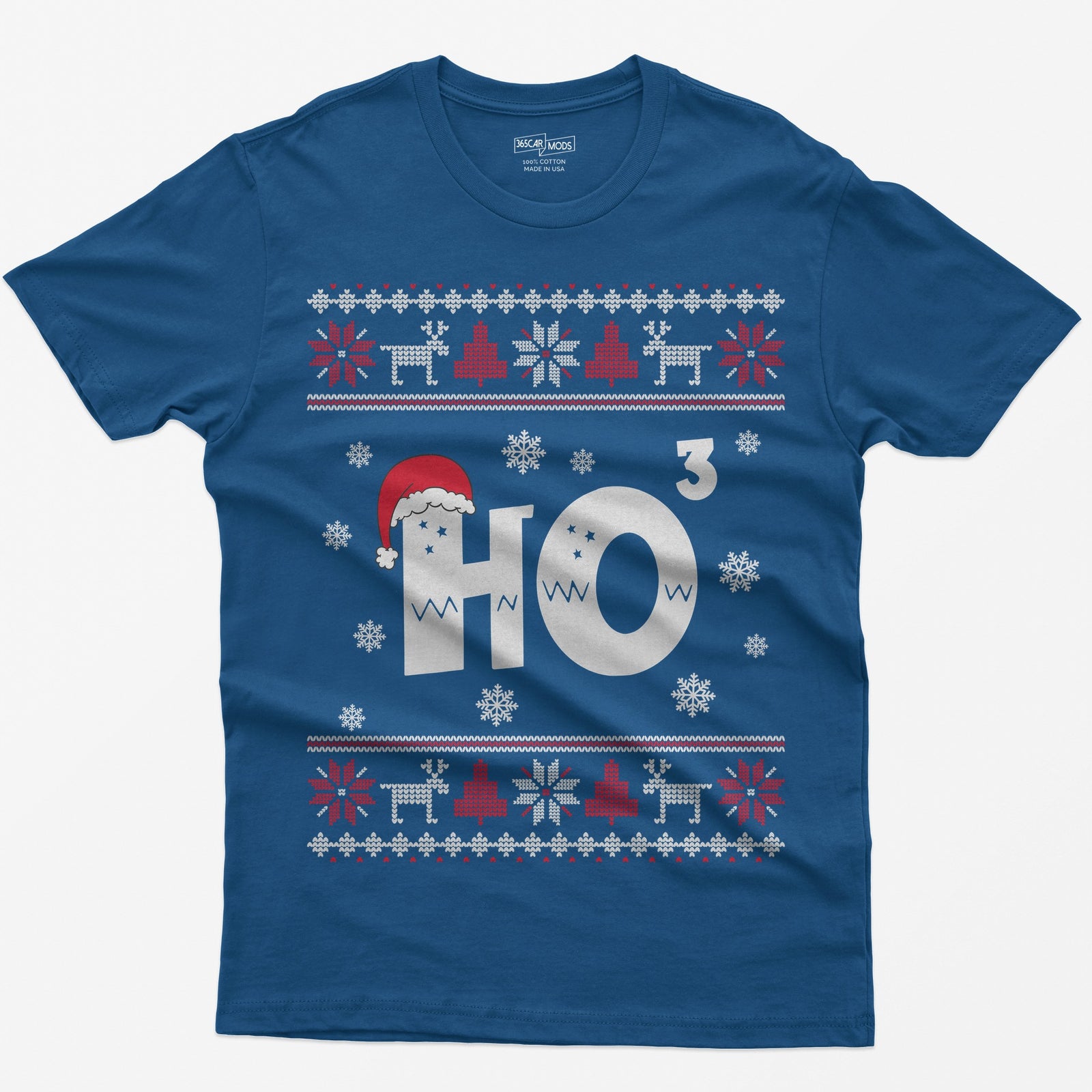 Royal t-shirt with Ho cubed, a large HO with exponent 3 in knit lettering wearing a Santa hat, surrounded by snowflakes