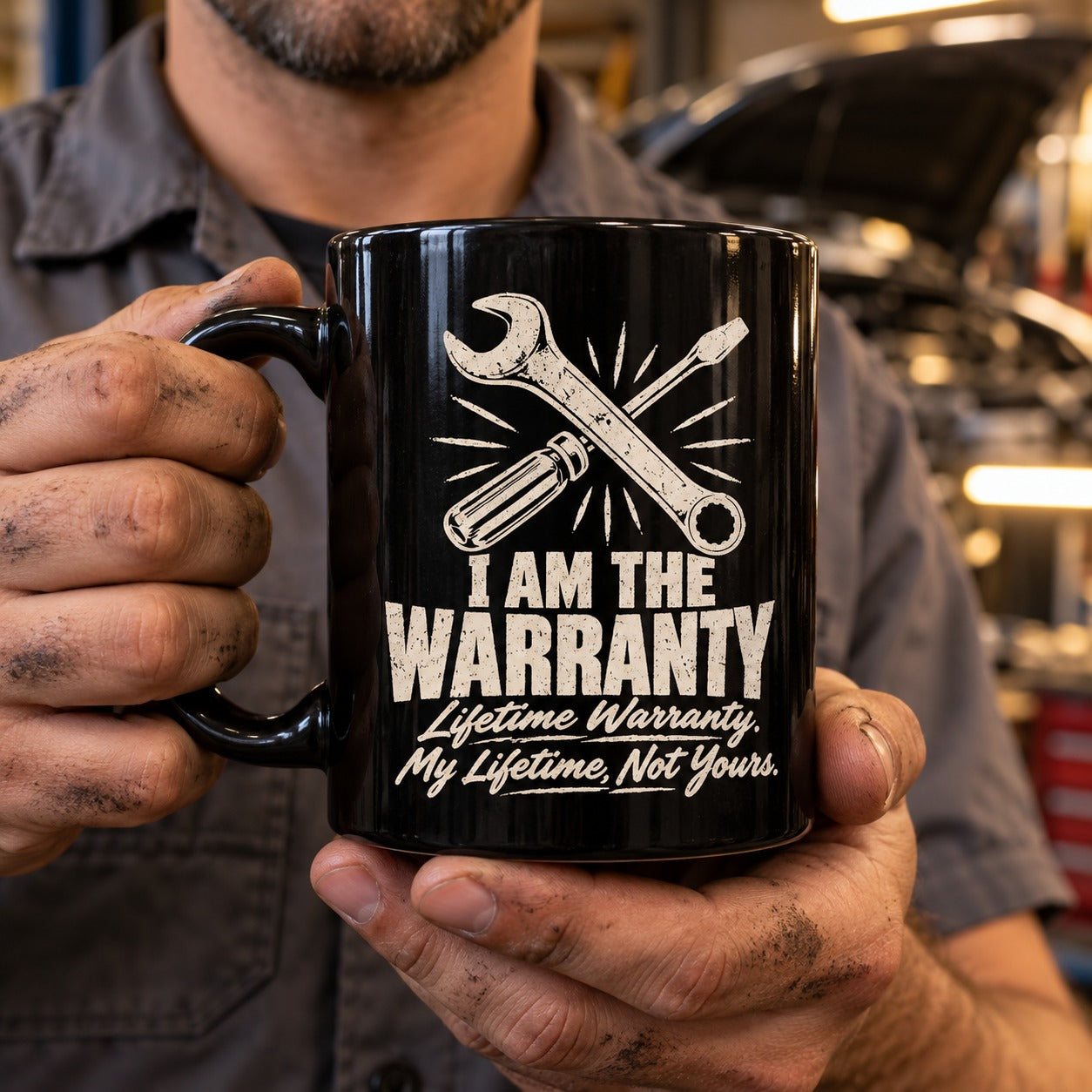I Am the Warranty Coffee Mug - mechanic holding the black mug in a garage