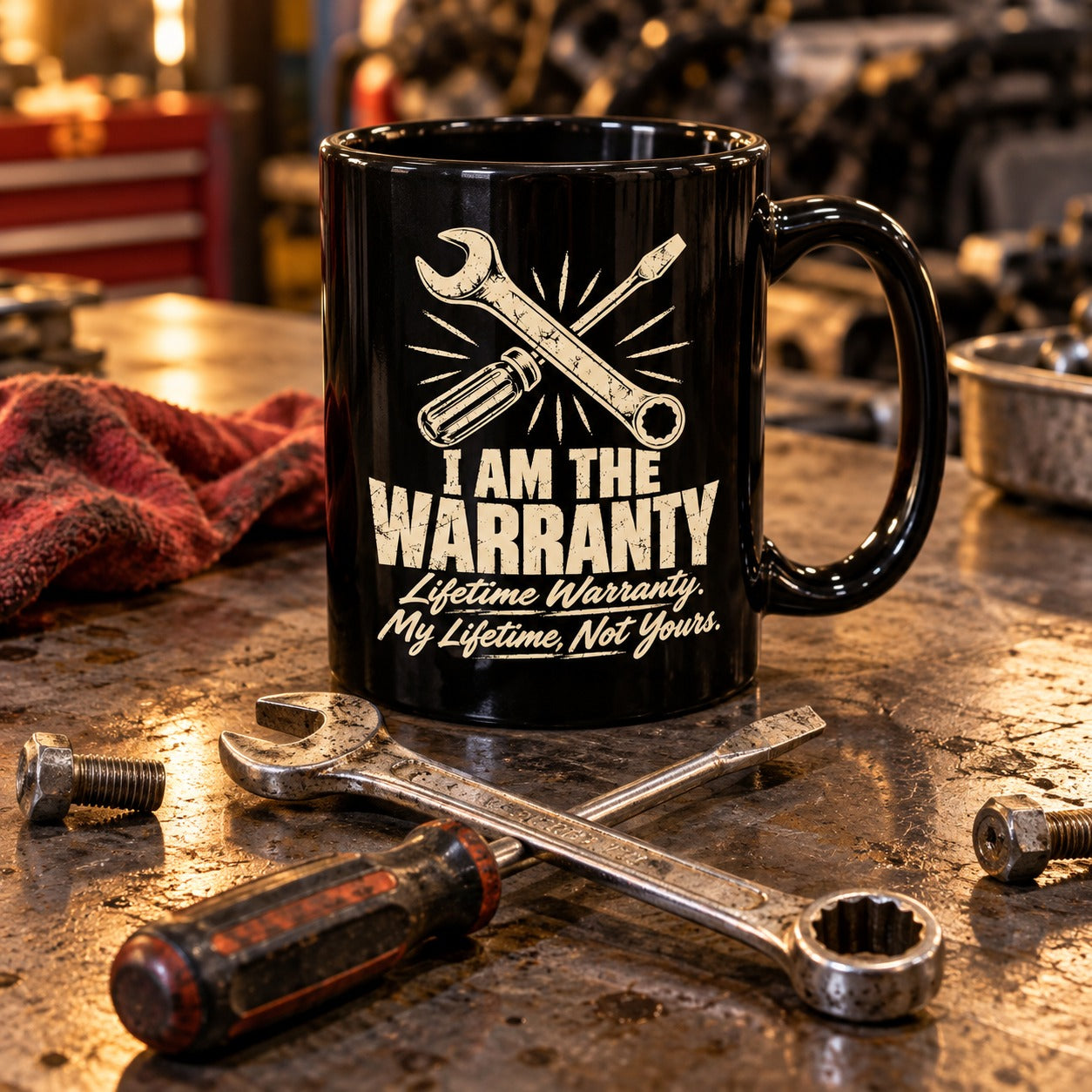 I Am the Warranty Coffee Mug - 11oz black mug on a garage workbench with tools