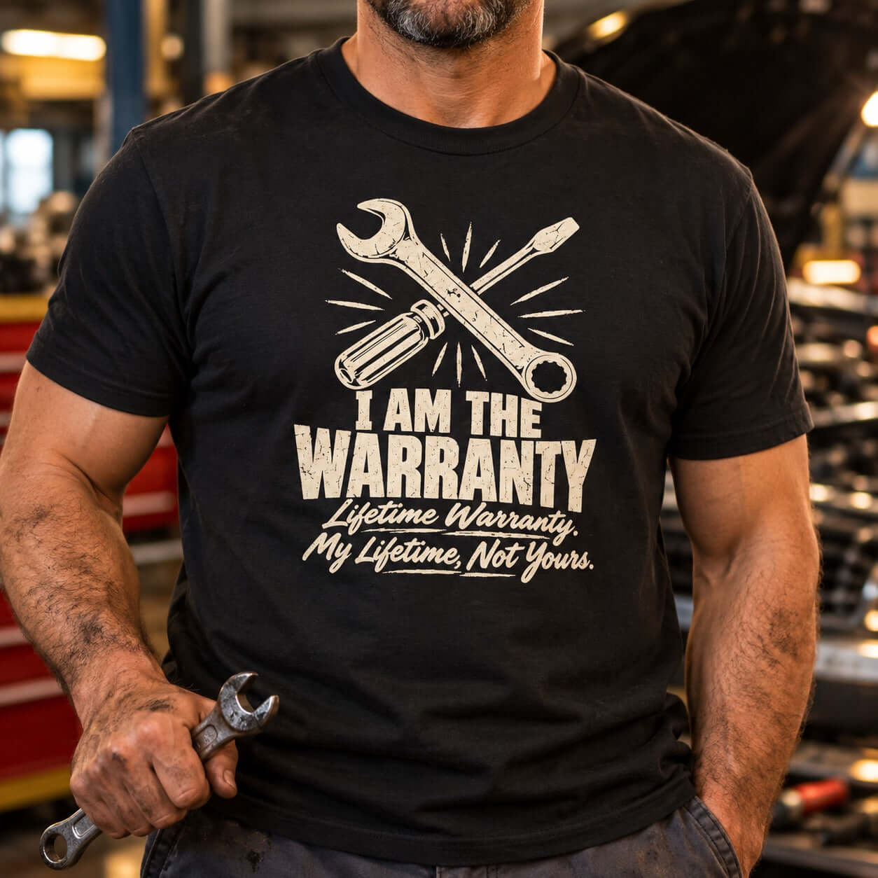 I Am the Warranty T-Shirt - mechanic wearing the black tee