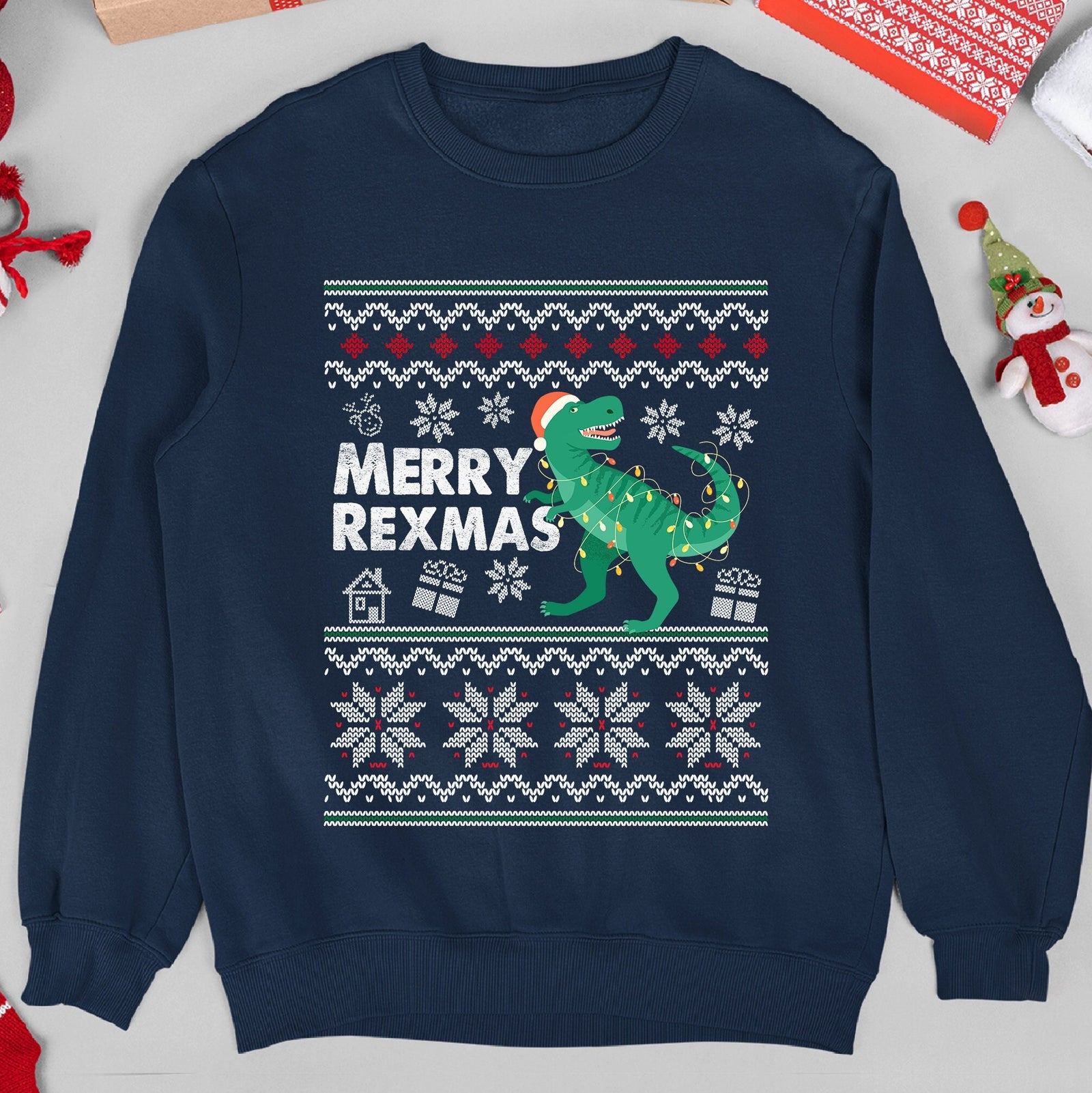 Merry Rexmas T-Rex Dinosaur Christmas Sweatshirt - Navy