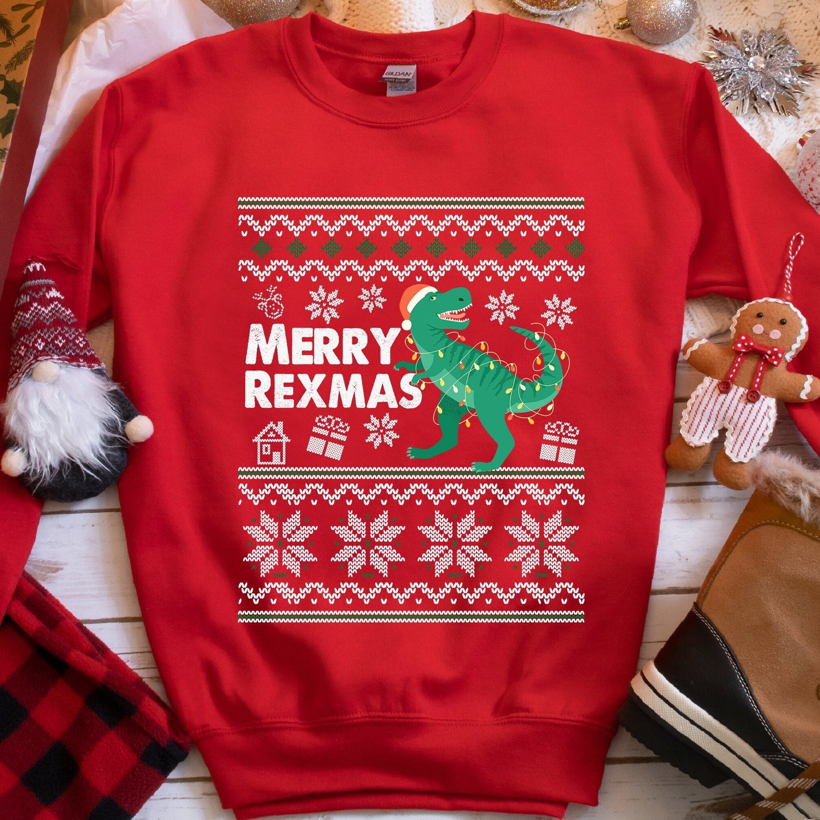Merry Rexmas T-Rex Dinosaur Christmas Sweatshirt - Red