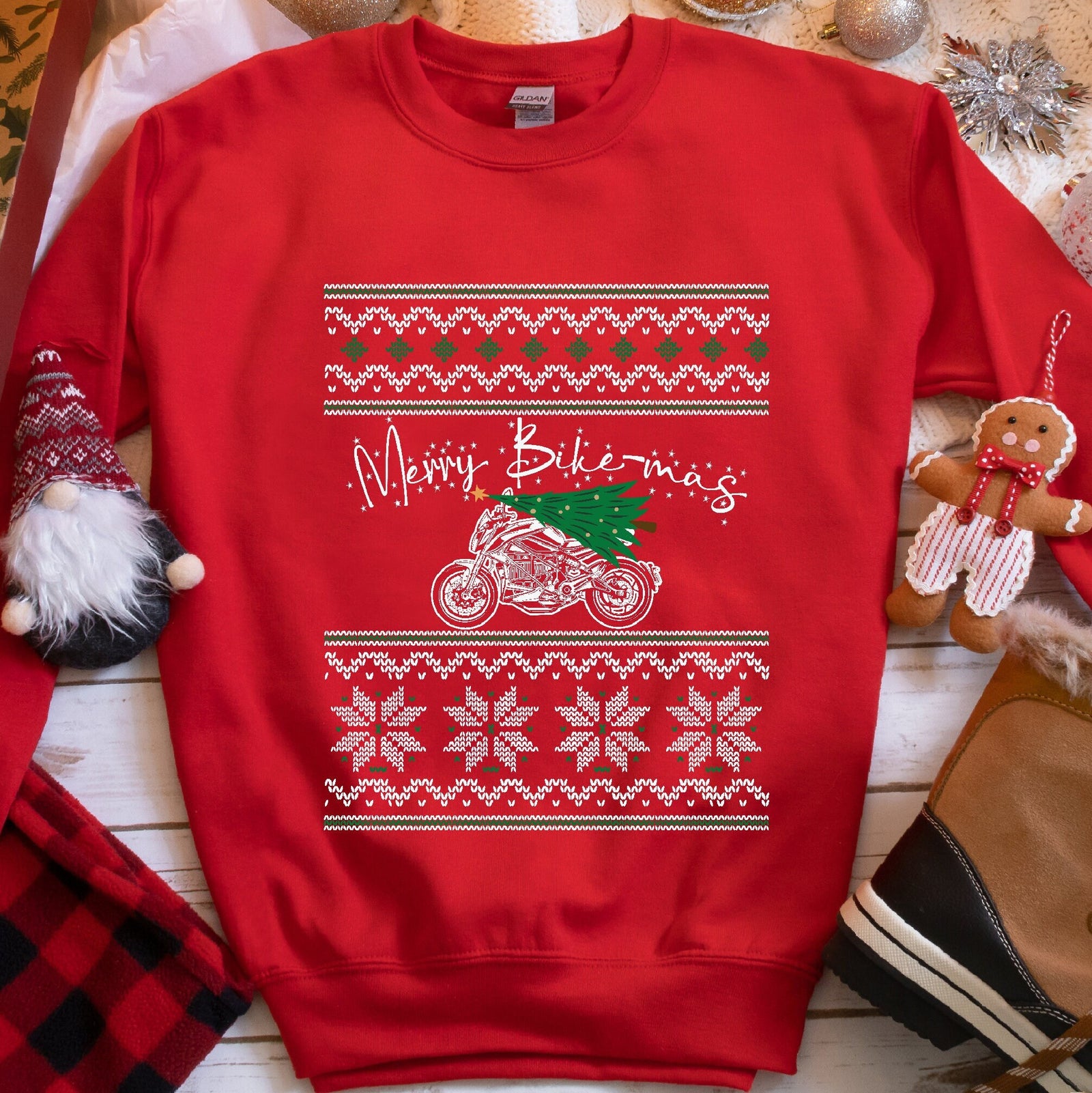 Merry Bike-mas Motorcycle Christmas Sweatshirt - Red