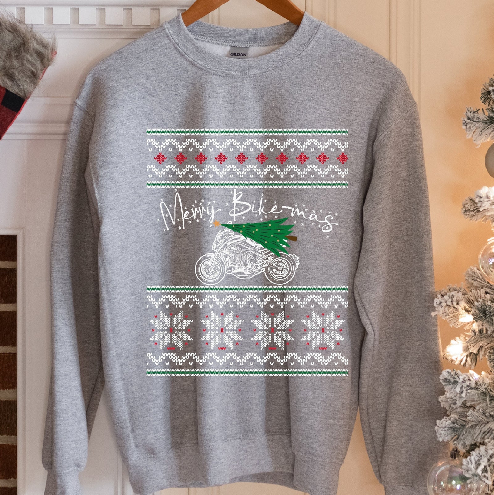 Merry Bike-mas Motorcycle Christmas Sweatshirt - Sport Grey