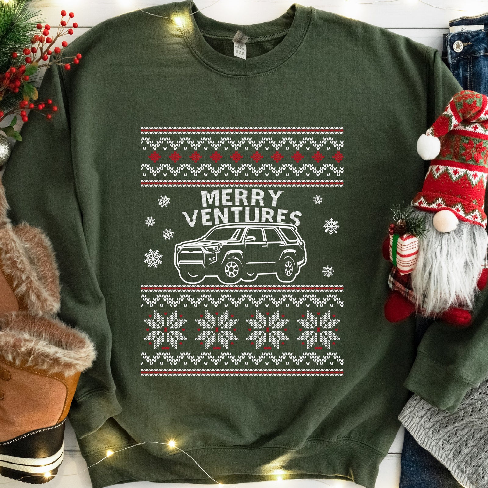 Merry Ventures Off-Road SUV Christmas Sweatshirt - Military Green