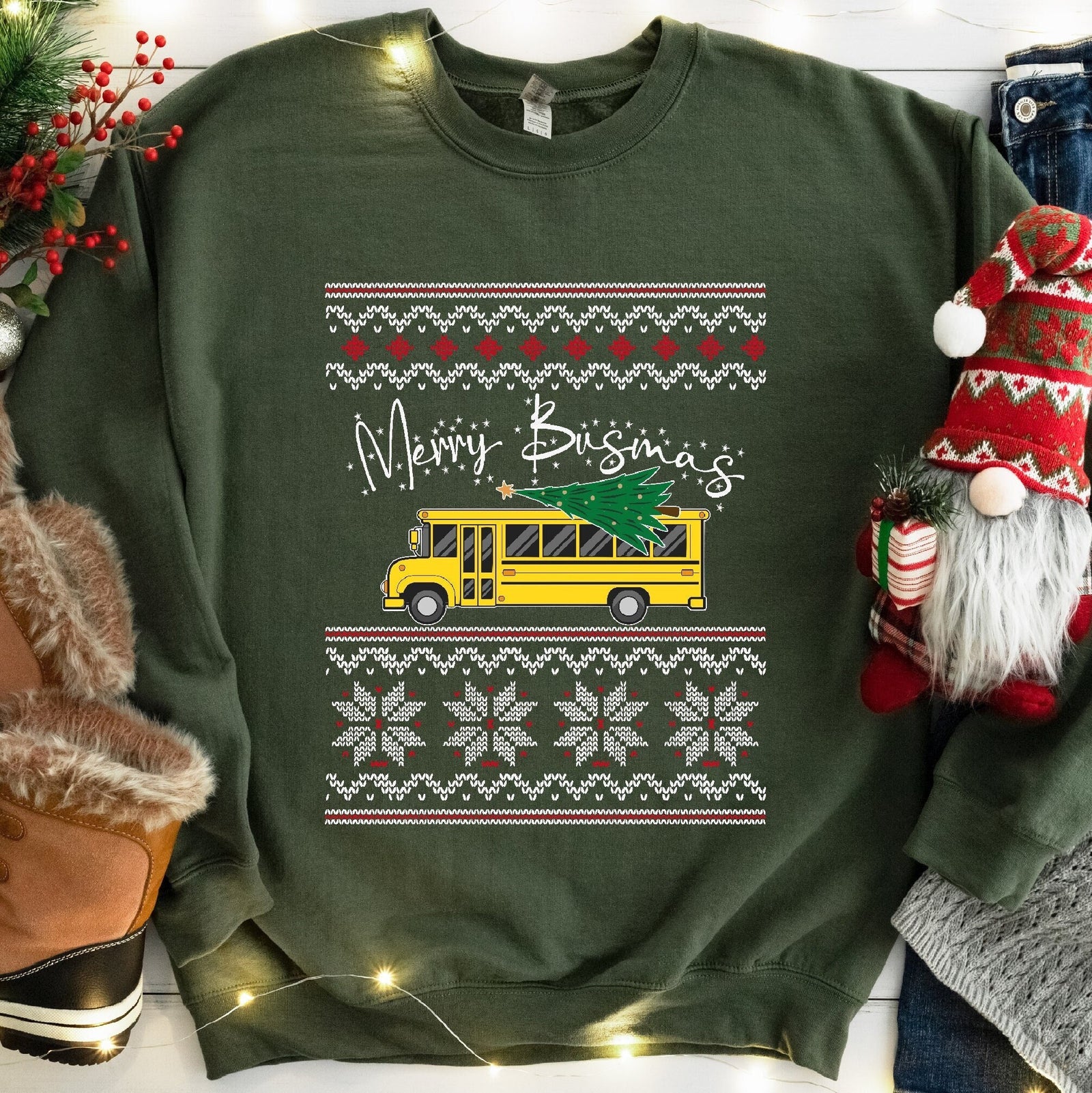 Merry Busmas School Bus Christmas Sweatshirt - Military Green