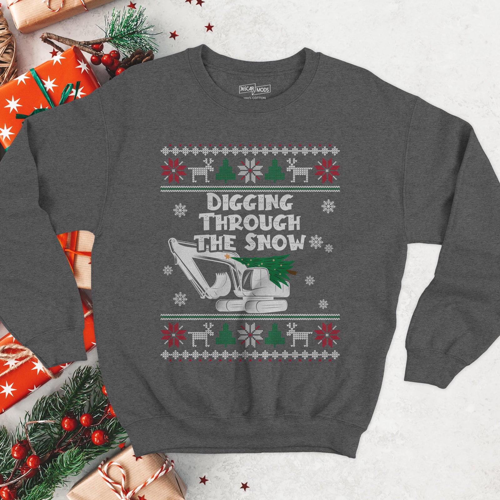 Digging Through the Snow Excavator Christmas Sweatshirt - Charcoal