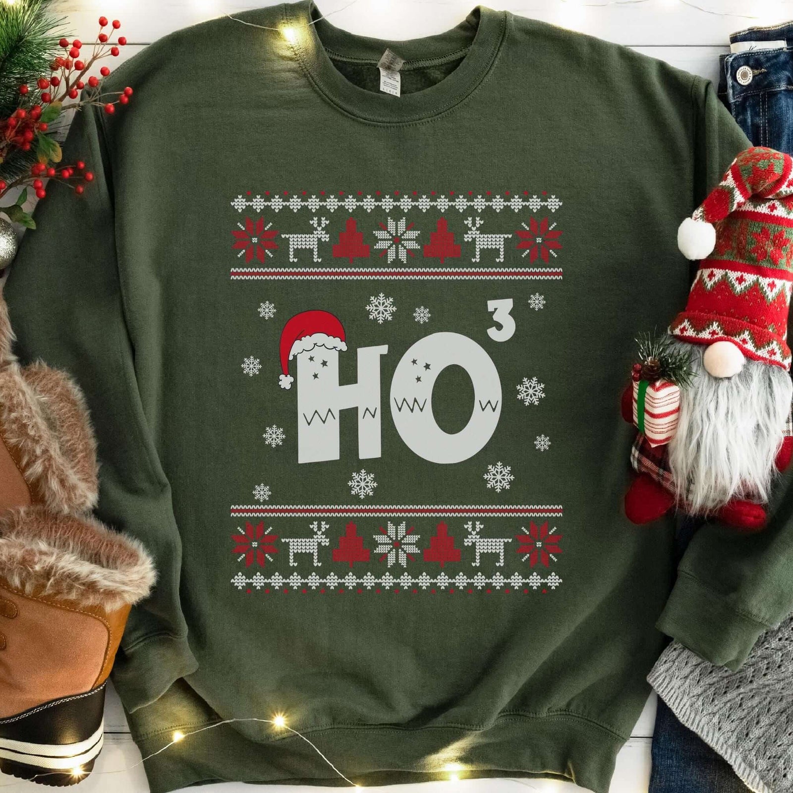 Ho Cubed Santa Hat Christmas Sweatshirt - Military Green