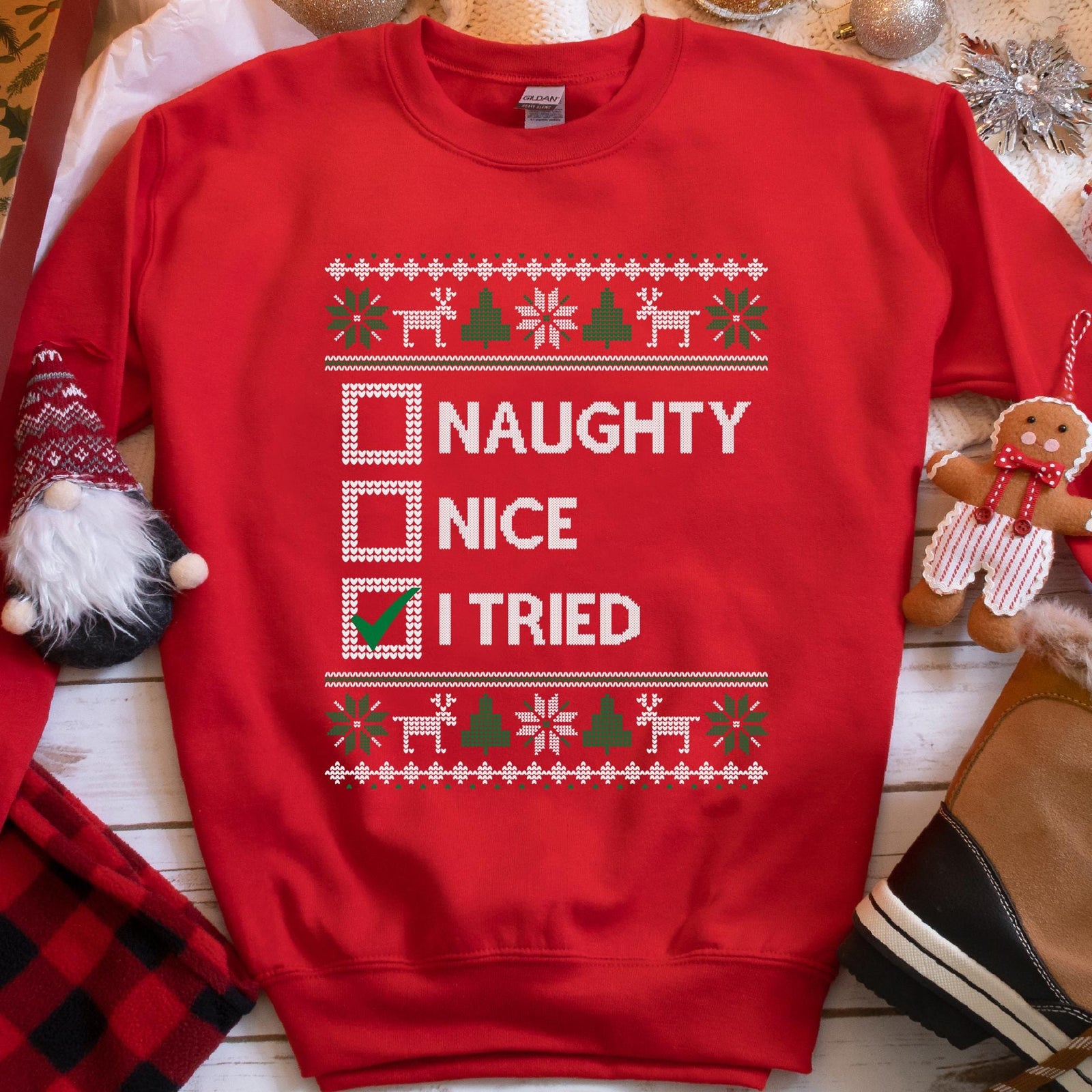 Naughty Nice I Tried Christmas Sweatshirt - Red