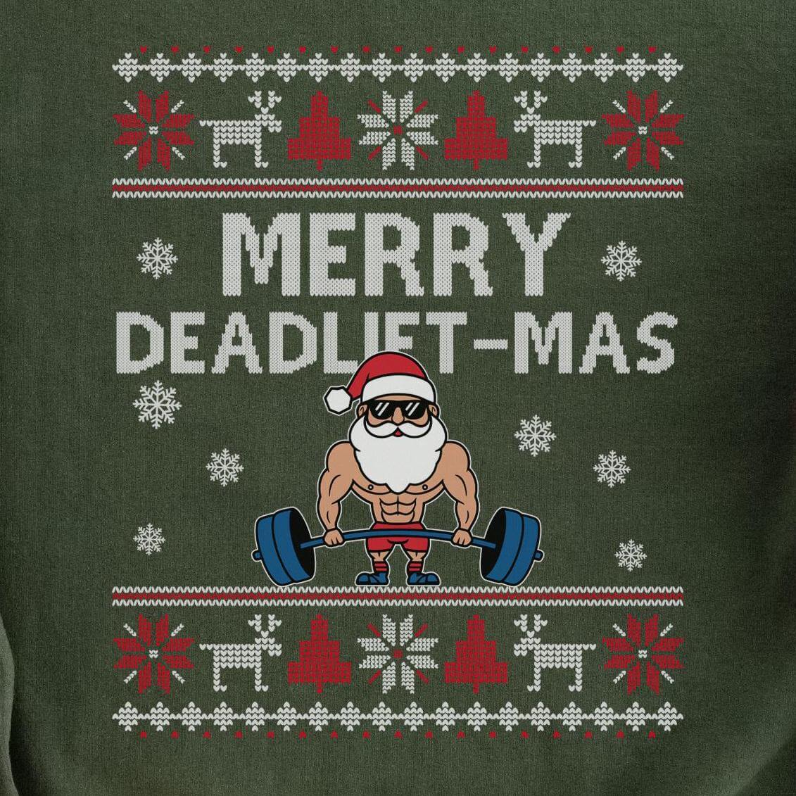 Merry Deadlift-Mas Santa Christmas Sweatshirt design close-up