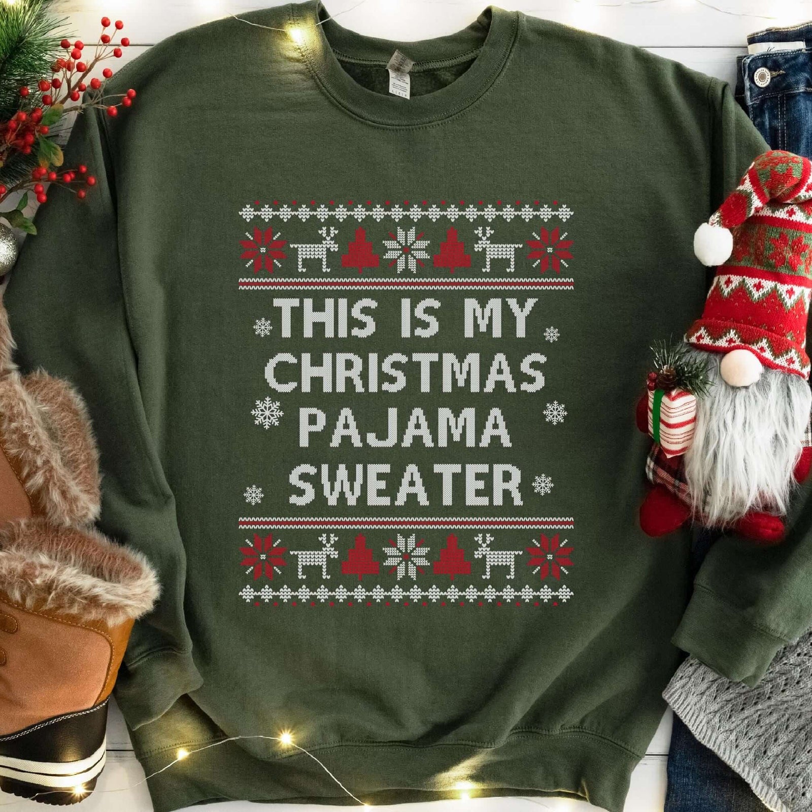 This Is My Christmas Pajama Sweater Sweatshirt - Military Green