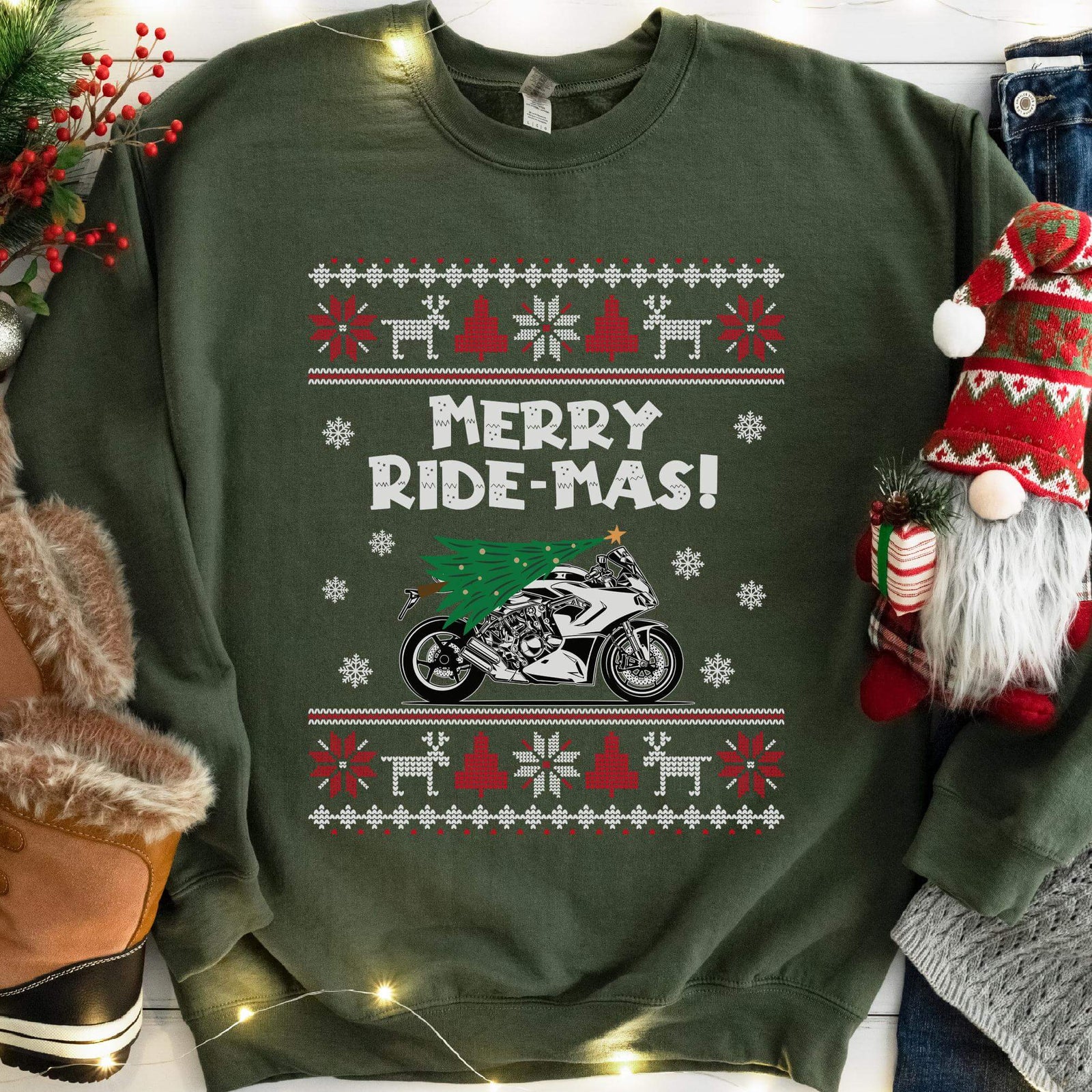 Merry Ride-mas Sportbike Christmas Sweatshirt - Military Green