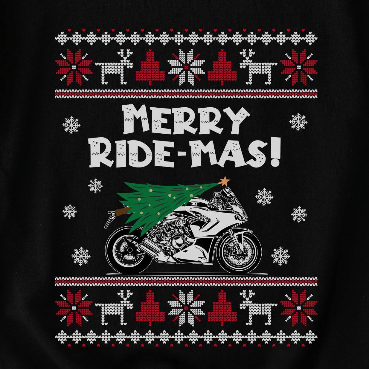 Merry Ride-mas Sportbike Christmas Sweatshirt design close-up