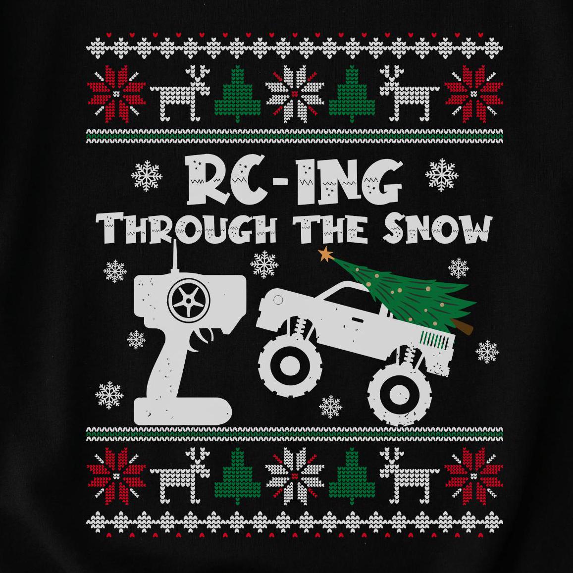 RC-ing Through the Snow Monster Truck Christmas Sweatshirt design close-up