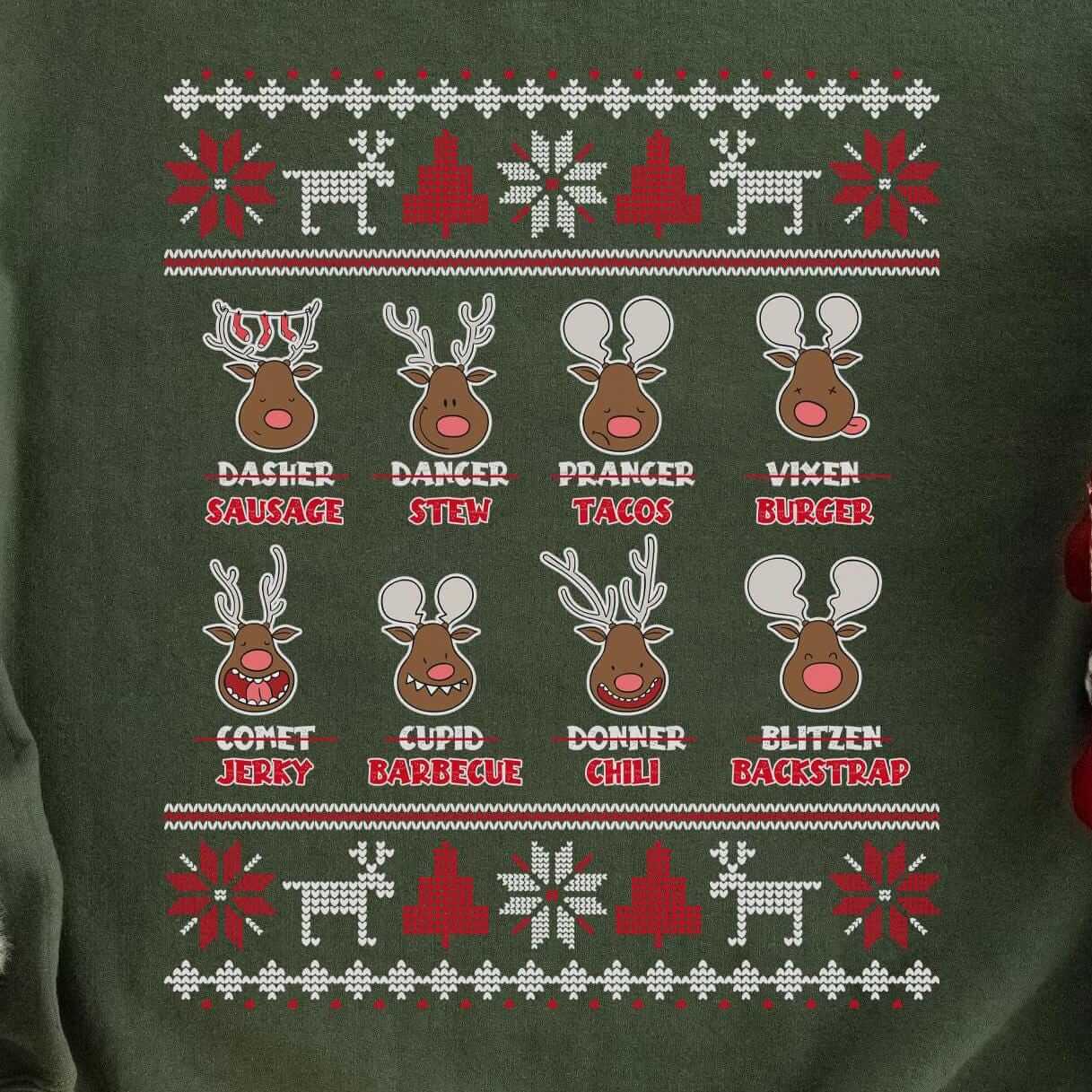 Reindeer Menu Deer Hunting Christmas Sweatshirt design close-up