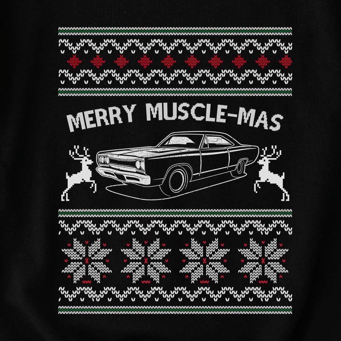 Merry Muscle-mas Classic Muscle Car Christmas Sweatshirt design close-up