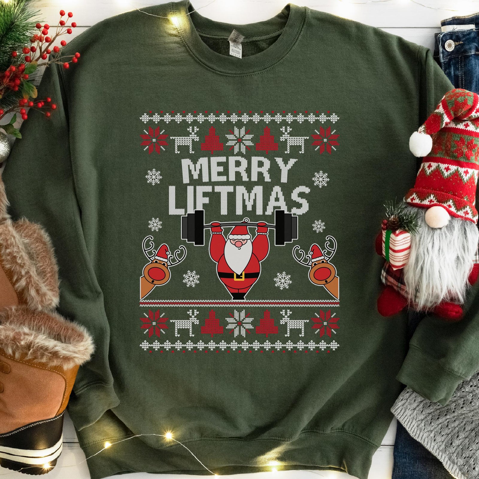 Merry Liftmas Santa Christmas Sweatshirt - Military Green