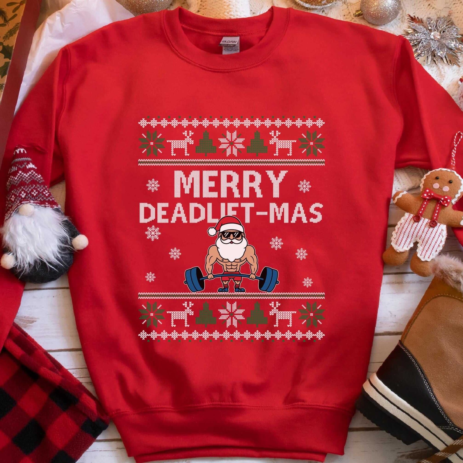 Merry Deadlift-Mas Santa Christmas Sweatshirt - Red