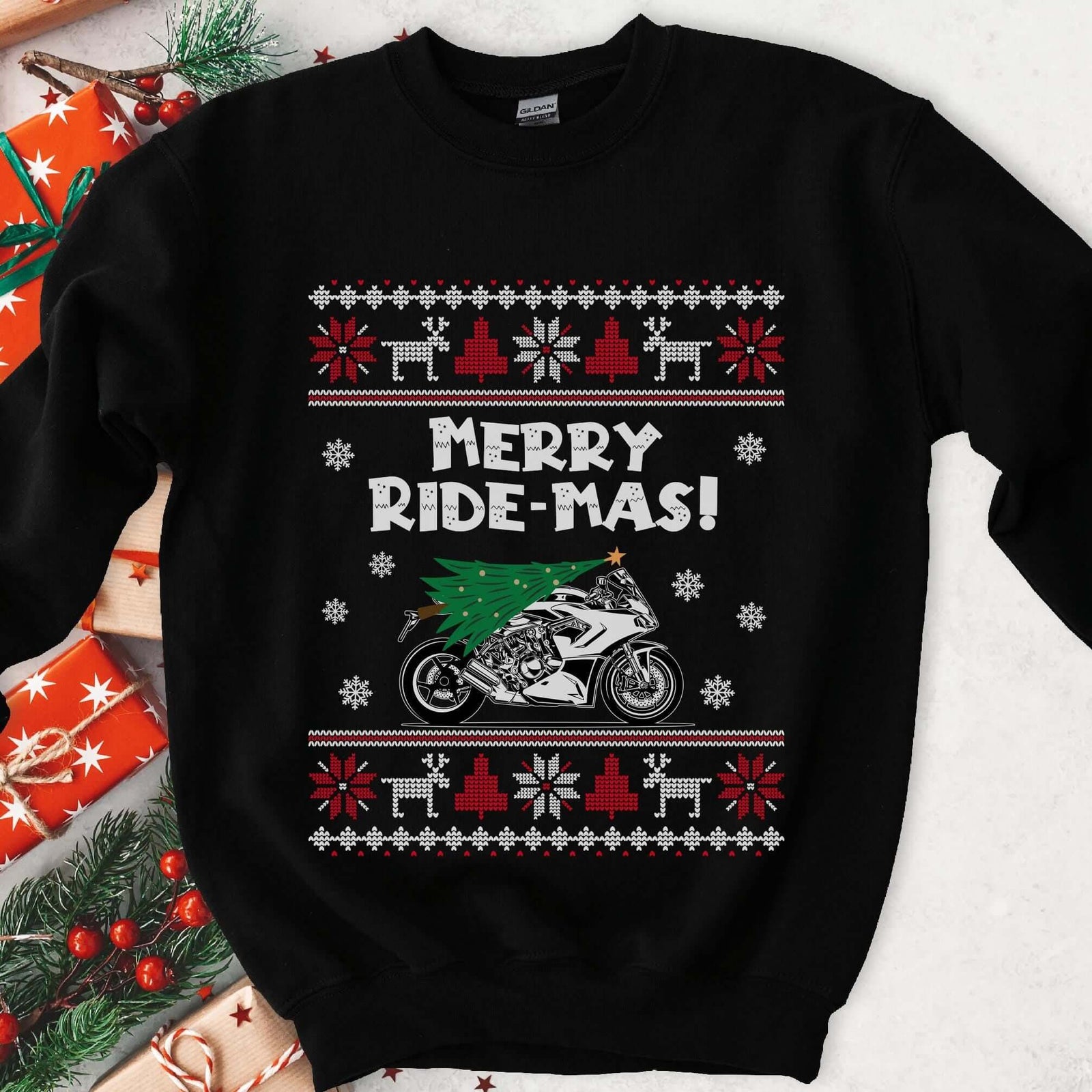 Dark Christmas sweatshirt with a sportbike carrying a Christmas tree, MERRY RIDE-MAS, red and white knit borders