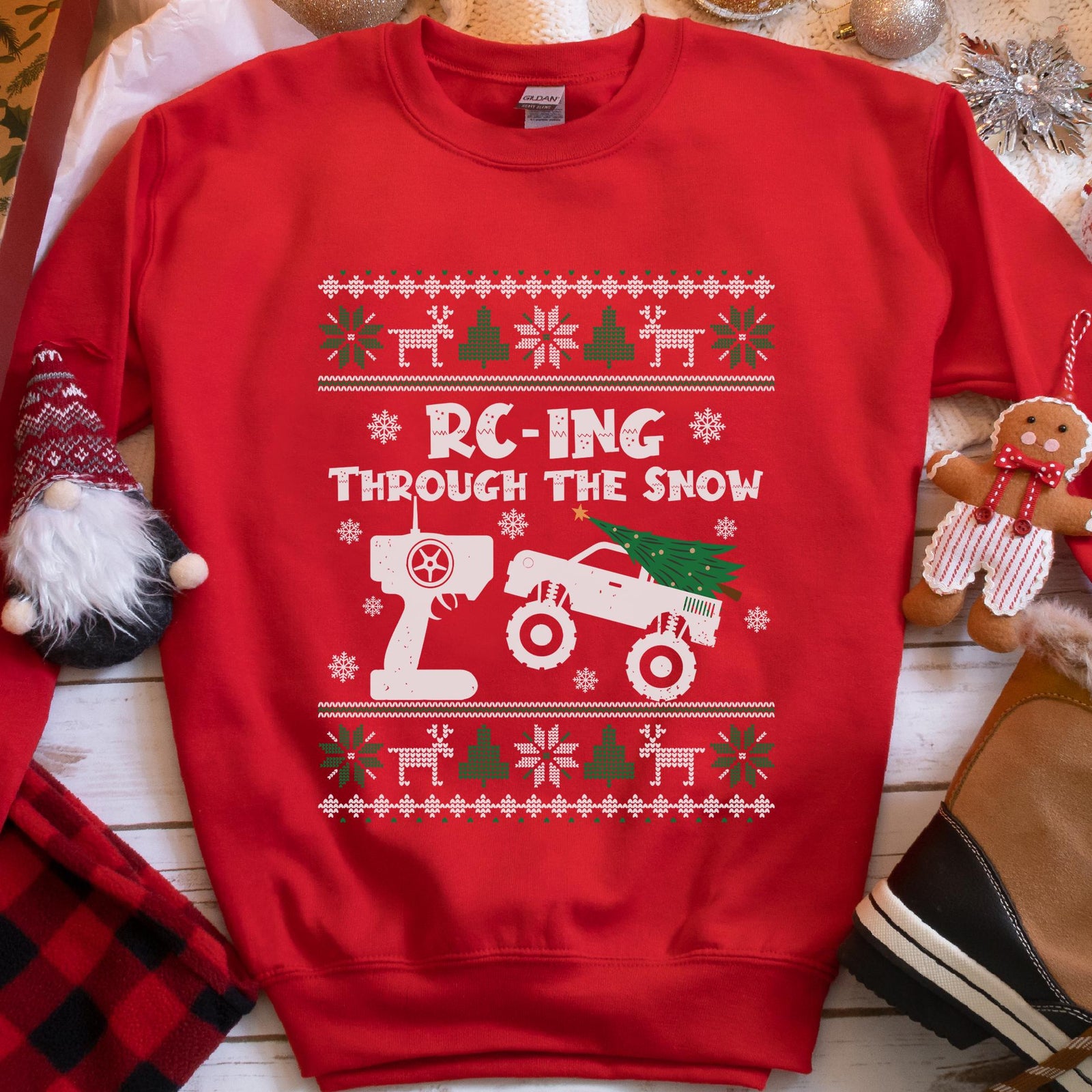 RC-ing Through the Snow Monster Truck Christmas Sweatshirt - Red