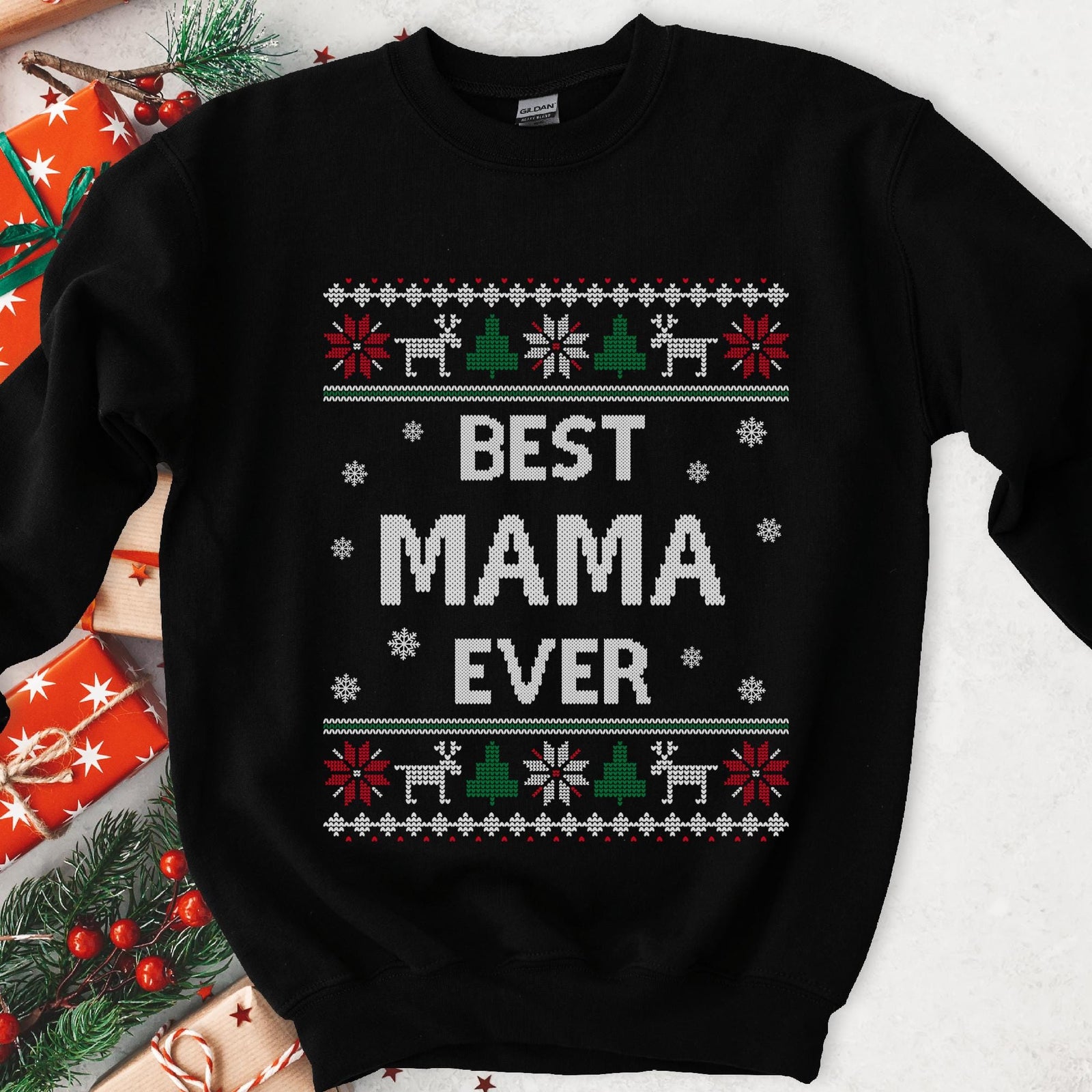 Dark sweatshirt with ugly sweater knit borders of reindeer, trees and poinsettias, white knit text Best Mama Ever