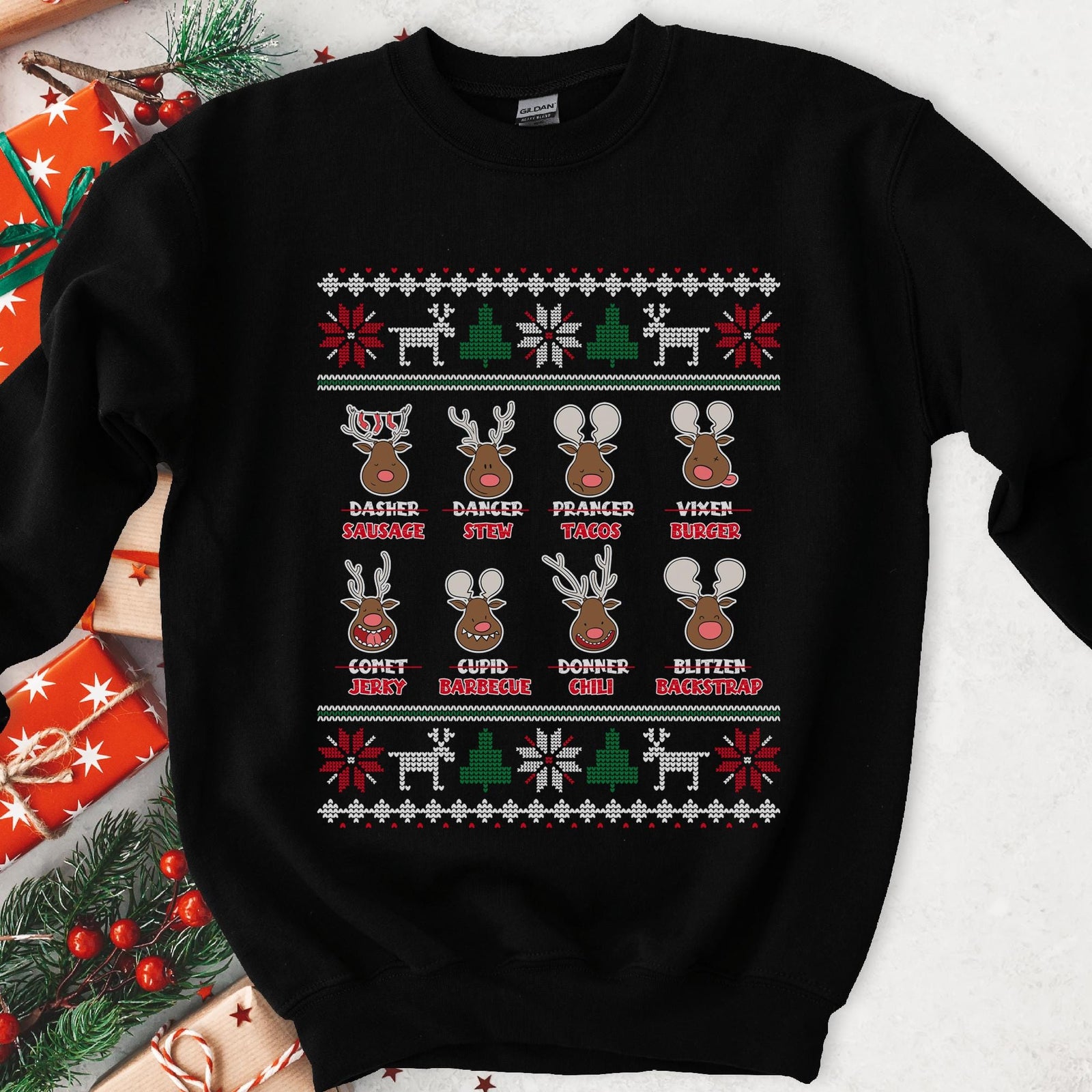 Dark sweatshirt with knit borders and eight reindeer whose names are crossed out for foods like Jerky and Chili