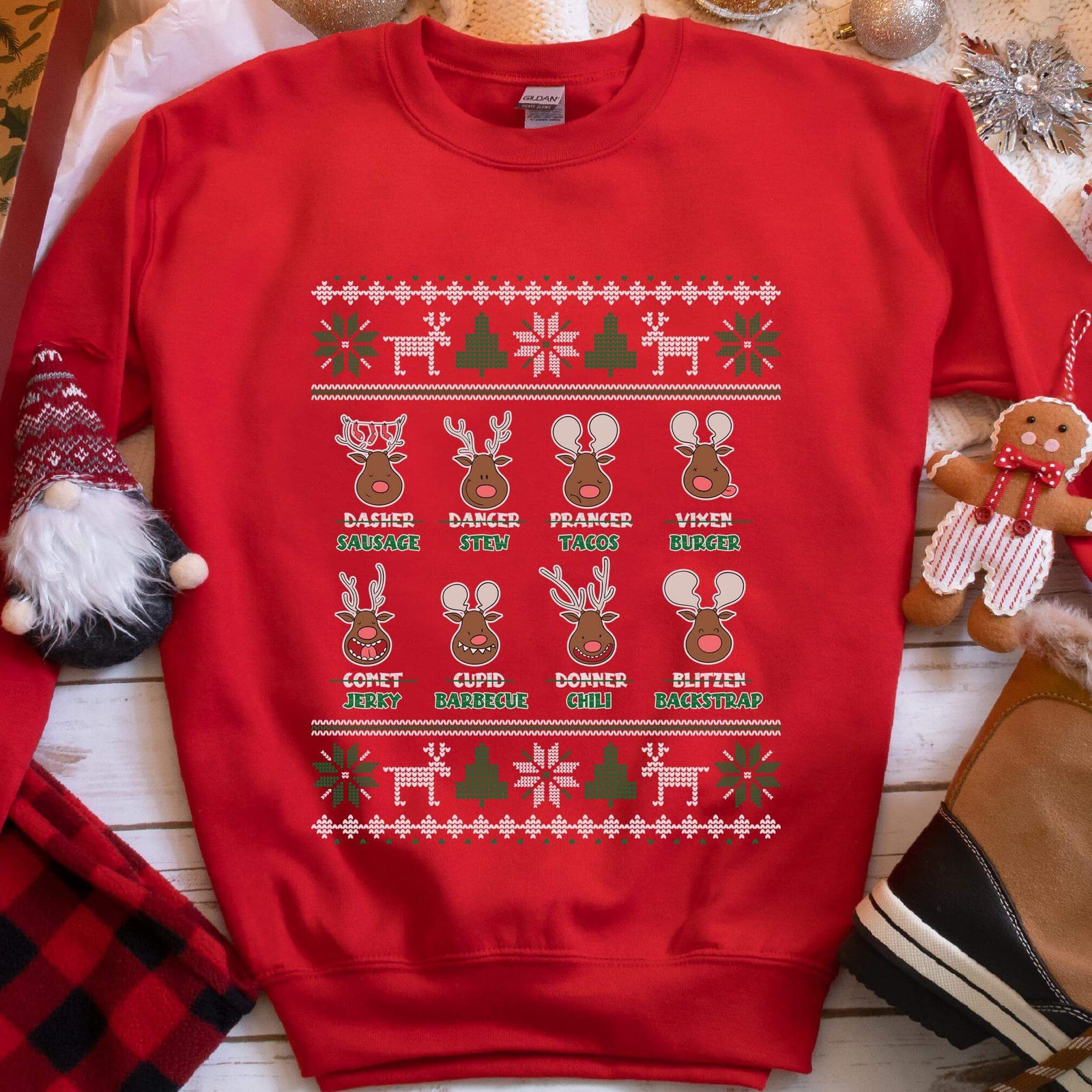Reindeer Menu Deer Hunting Christmas Sweatshirt - Red