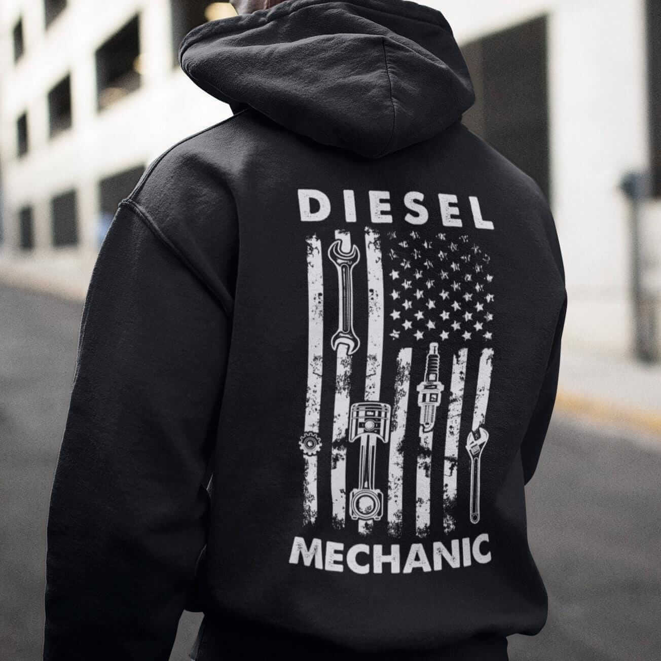 Diesel Mechanic Flag hoodie - back print, lifestyle photo