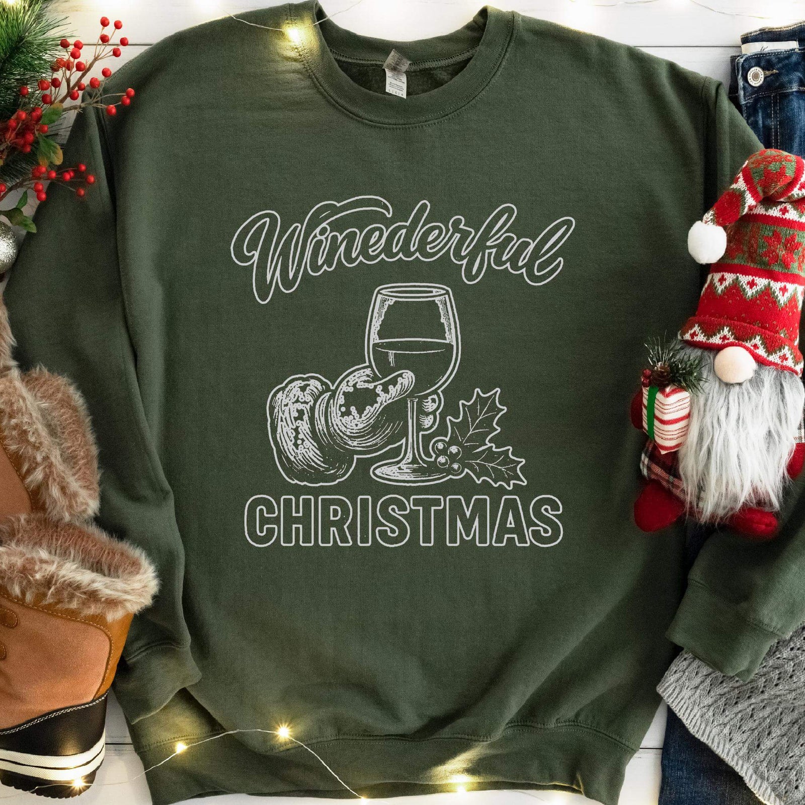 Winederful Christmas Santa Wine Glass Sweatshirt - Military Green