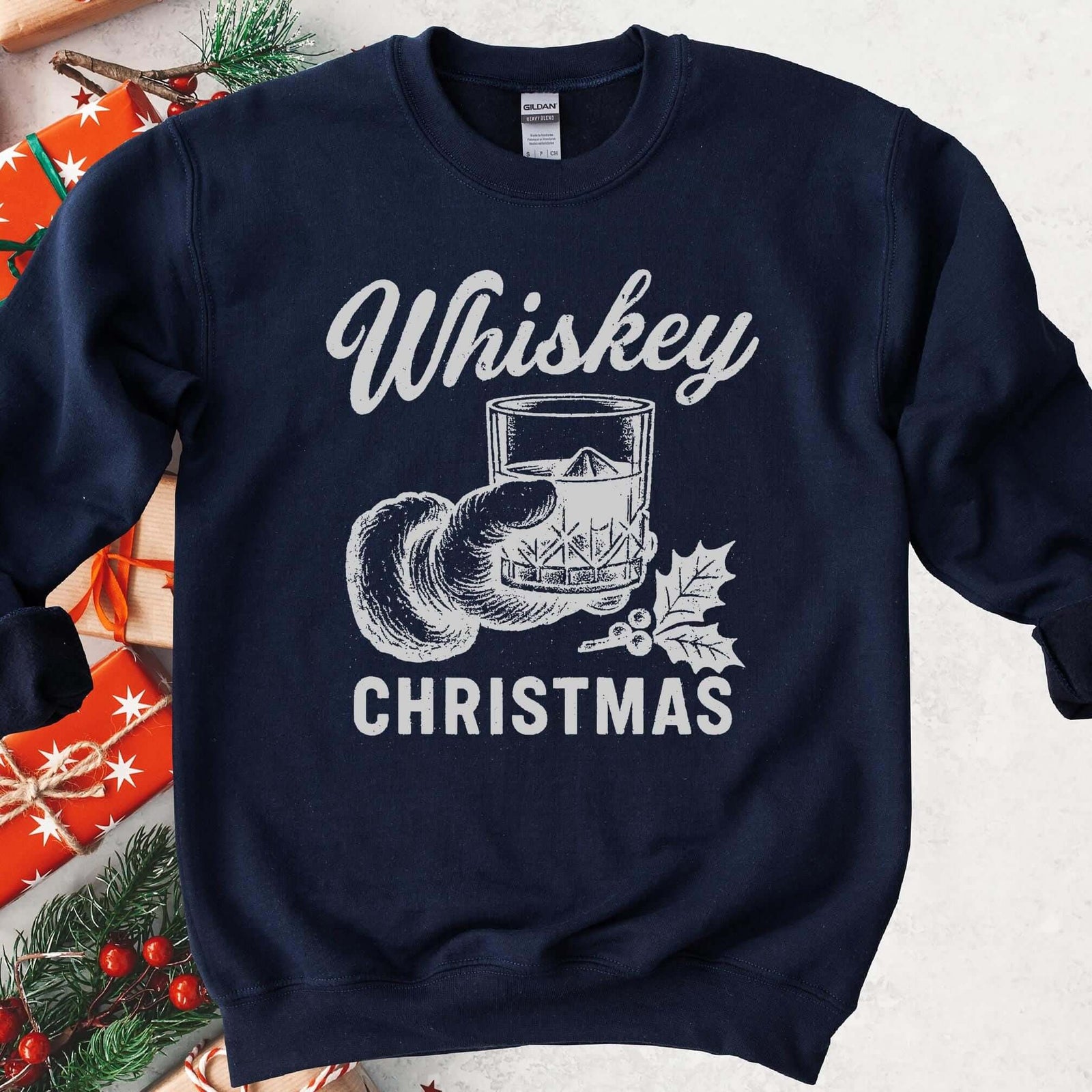 Whiskey Christmas Santa Rocks Glass Sweatshirt - Navy