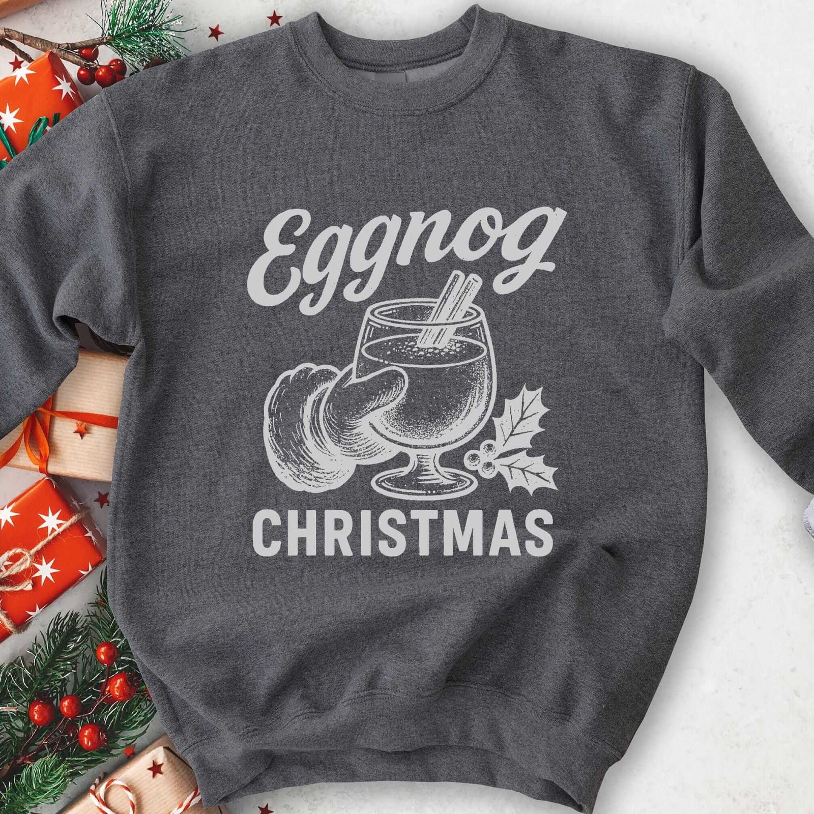 Eggnog Christmas Santa Sweatshirt - Dark Heather