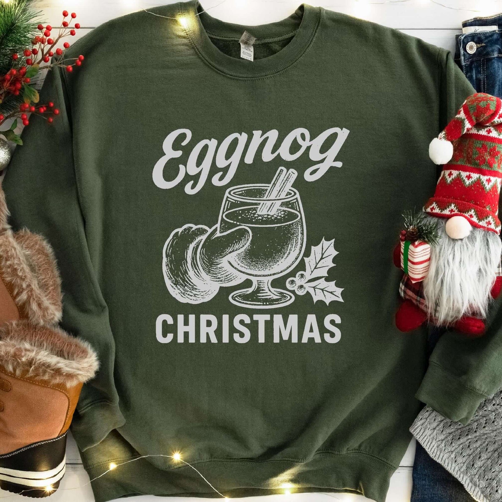 Eggnog Christmas Santa Sweatshirt - Military Green