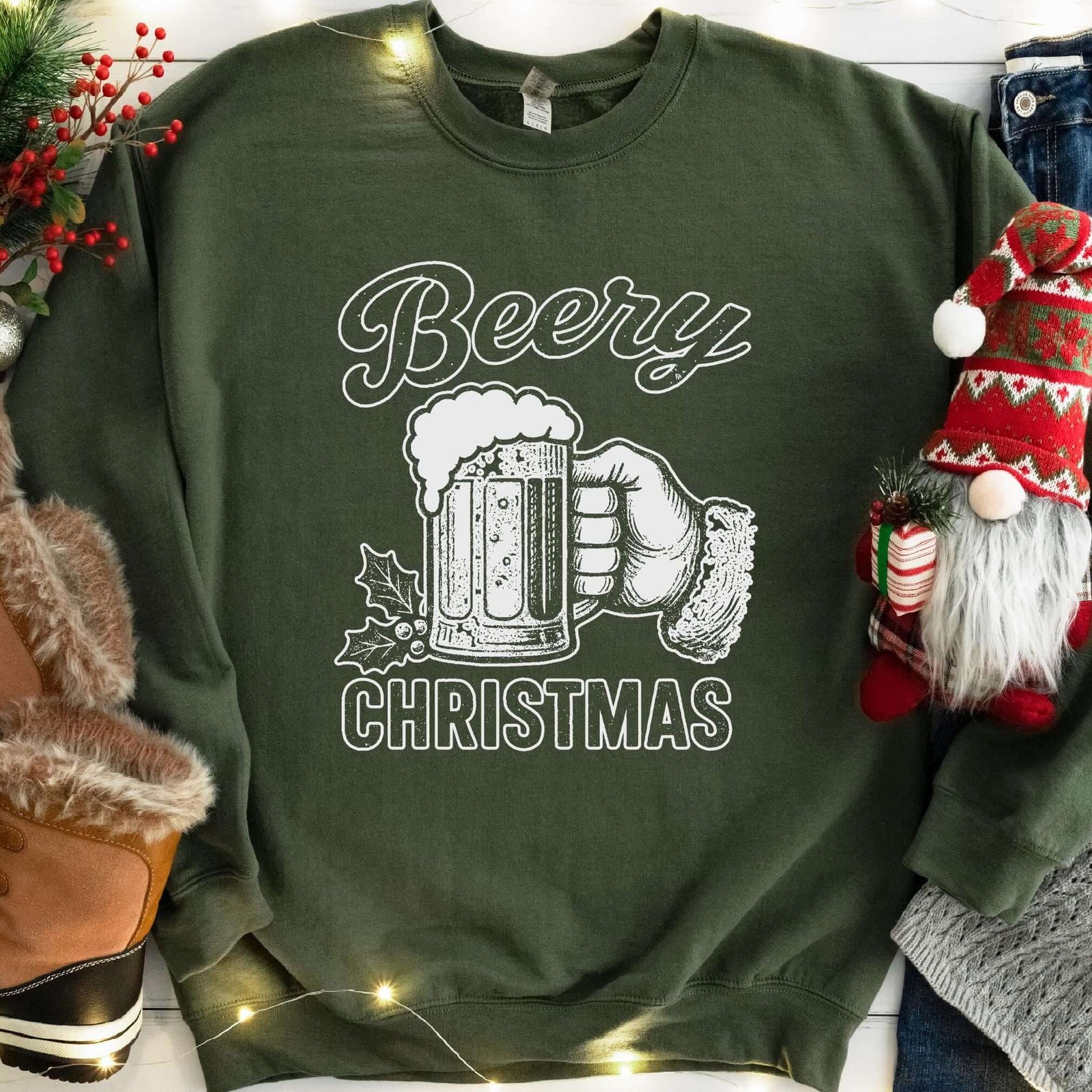Beery Christmas Santa Beer Mug Sweatshirt - Military Green