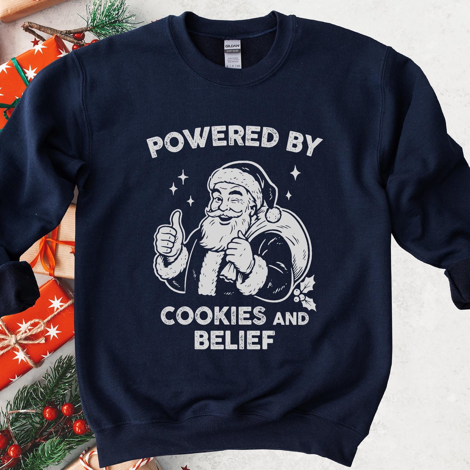 Powered By Cookies and Belief Santa Christmas Sweatshirt - Navy