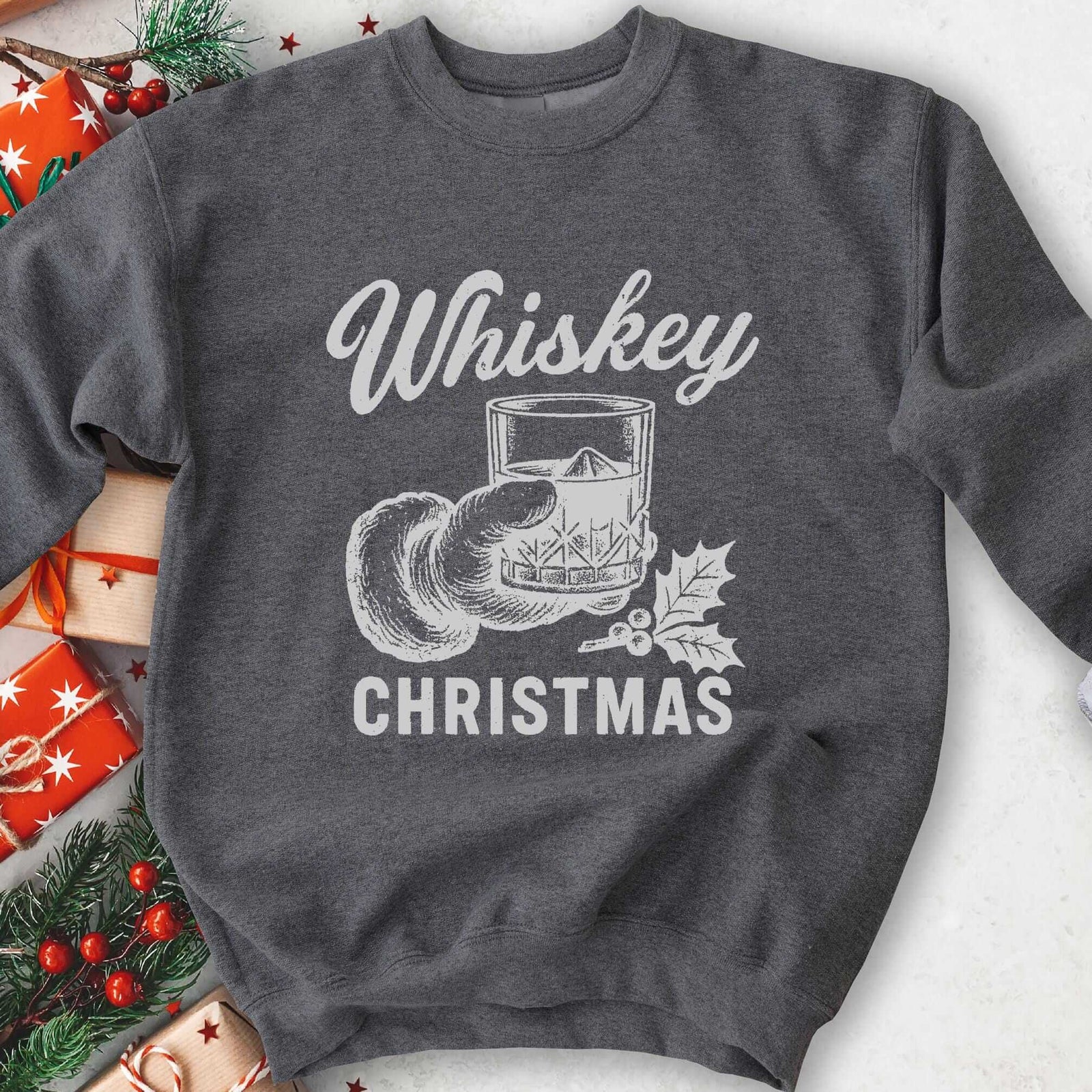 Whiskey Christmas Santa Rocks Glass Sweatshirt - Dark Heather