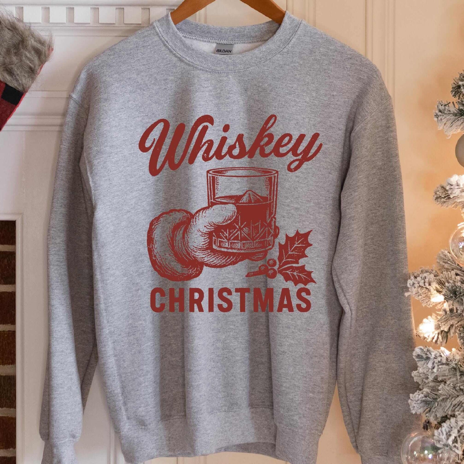 Whiskey Christmas Santa Rocks Glass Sweatshirt - Sport Grey