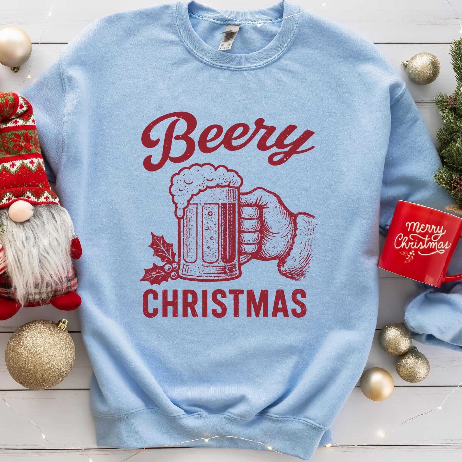 Beery Christmas Santa Beer Mug Sweatshirt - Light Blue