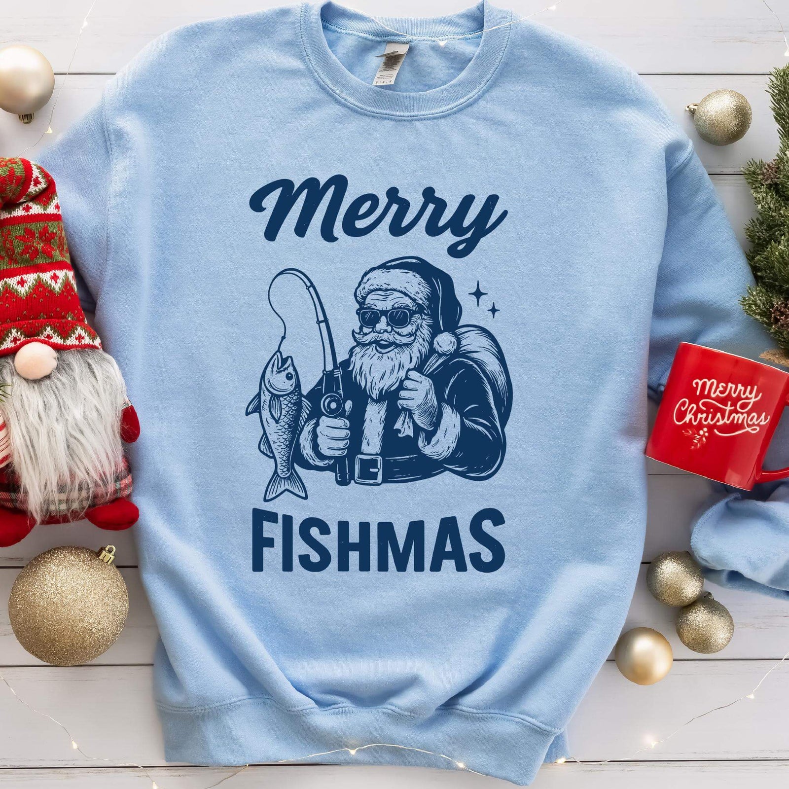 Merry Fishmas Santa Fishing Christmas Sweatshirt - Light Blue
