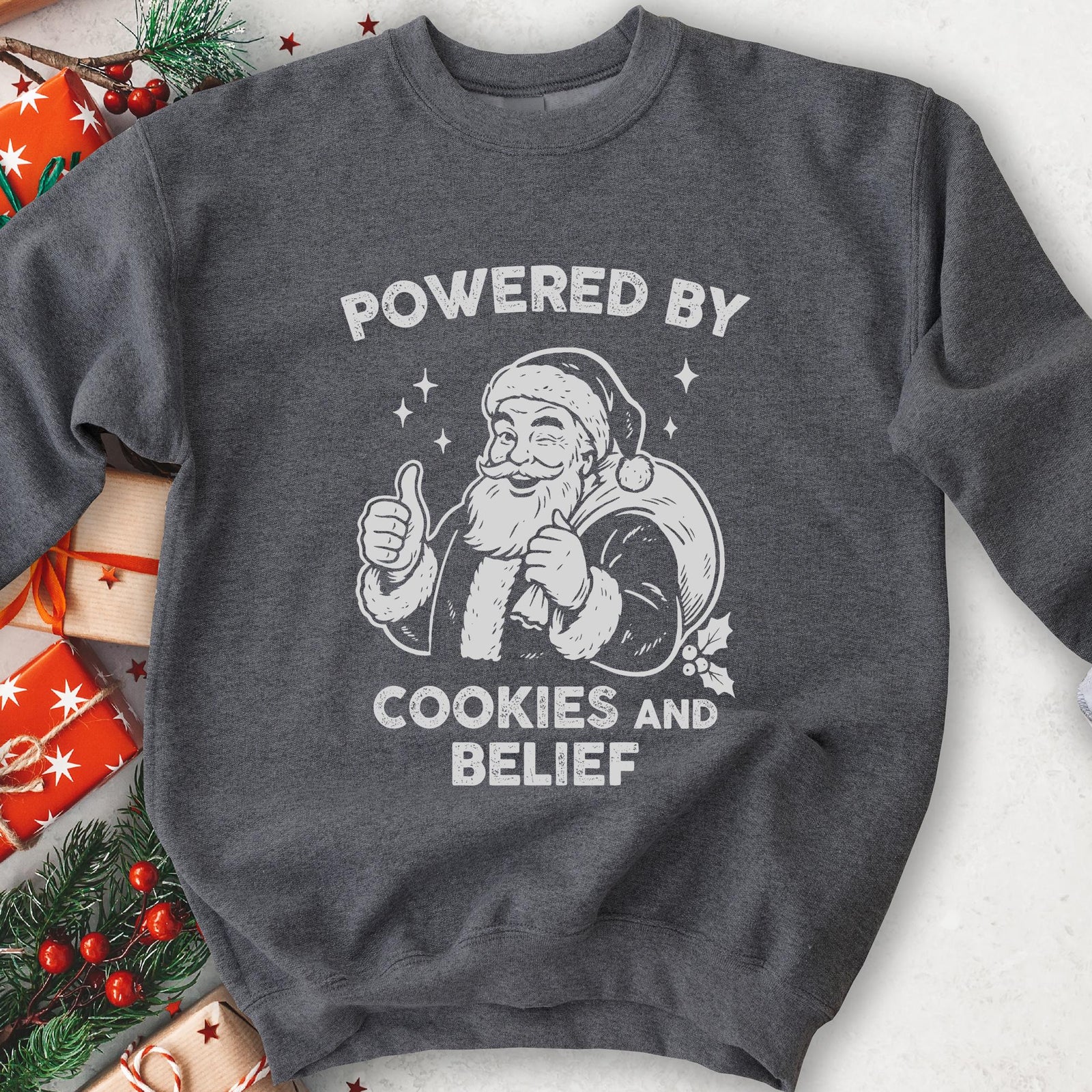 Powered By Cookies and Belief Santa Christmas Sweatshirt - Charcoal