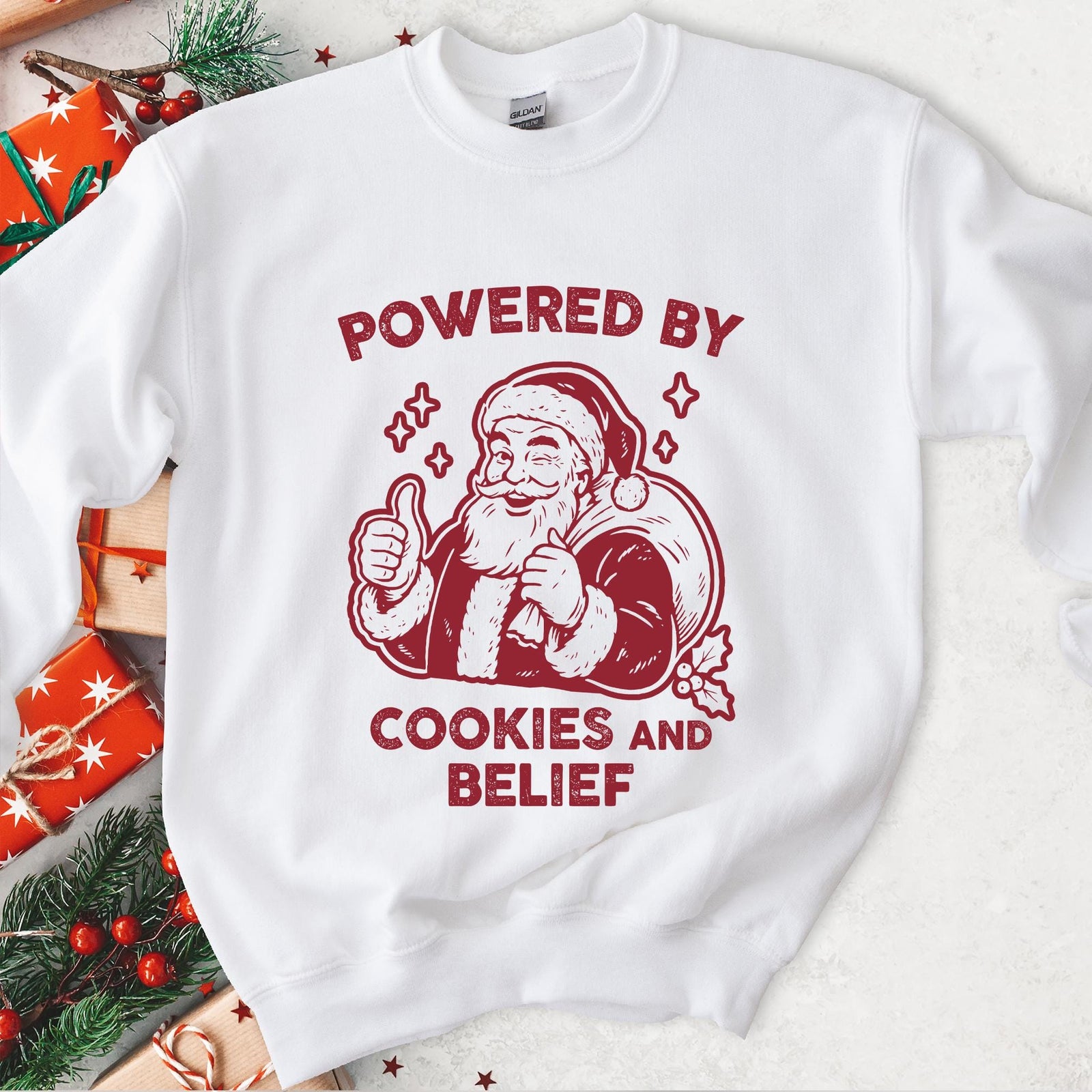Powered By Cookies and Belief Santa Christmas Sweatshirt - White