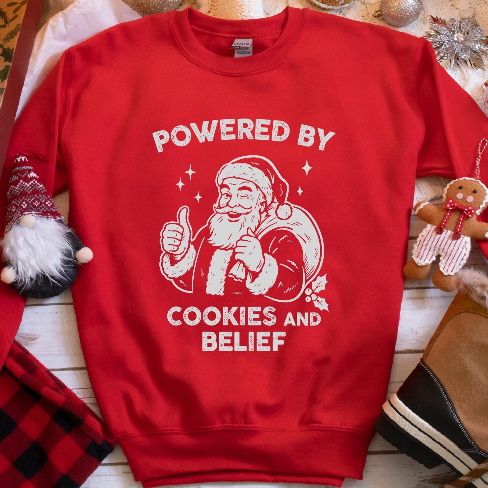 Powered By Cookies and Belief Santa Christmas Sweatshirt - Red