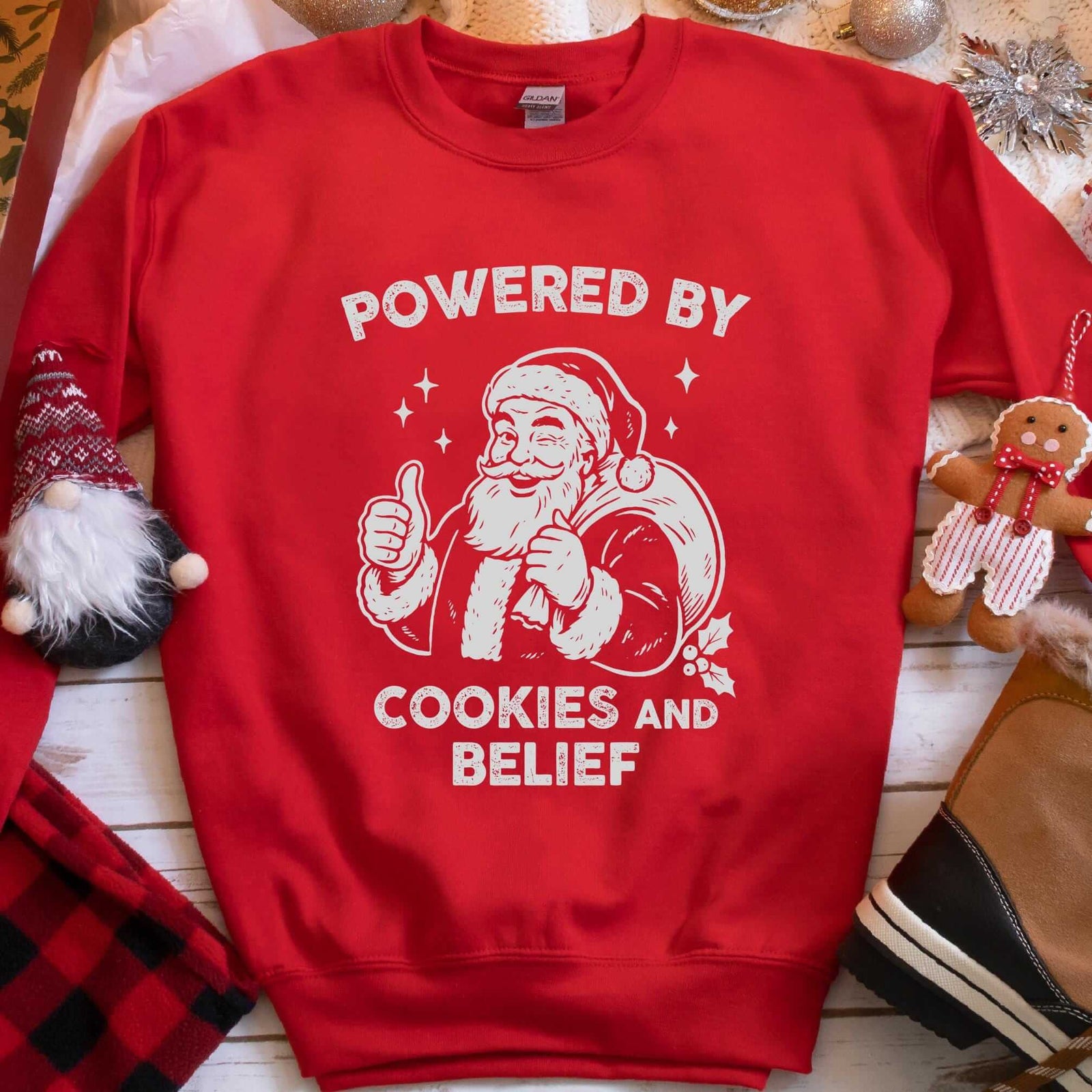 Powered By Cookies and Belief Santa Christmas Sweatshirt - Red