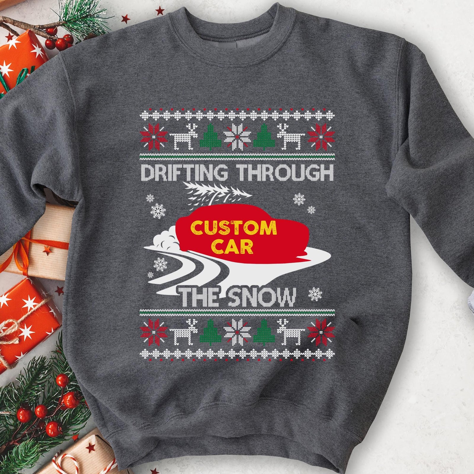 Drift Car Ugly Christmas Sweatshirt | Drifting Through the Snow Car Enthusiast Gift
