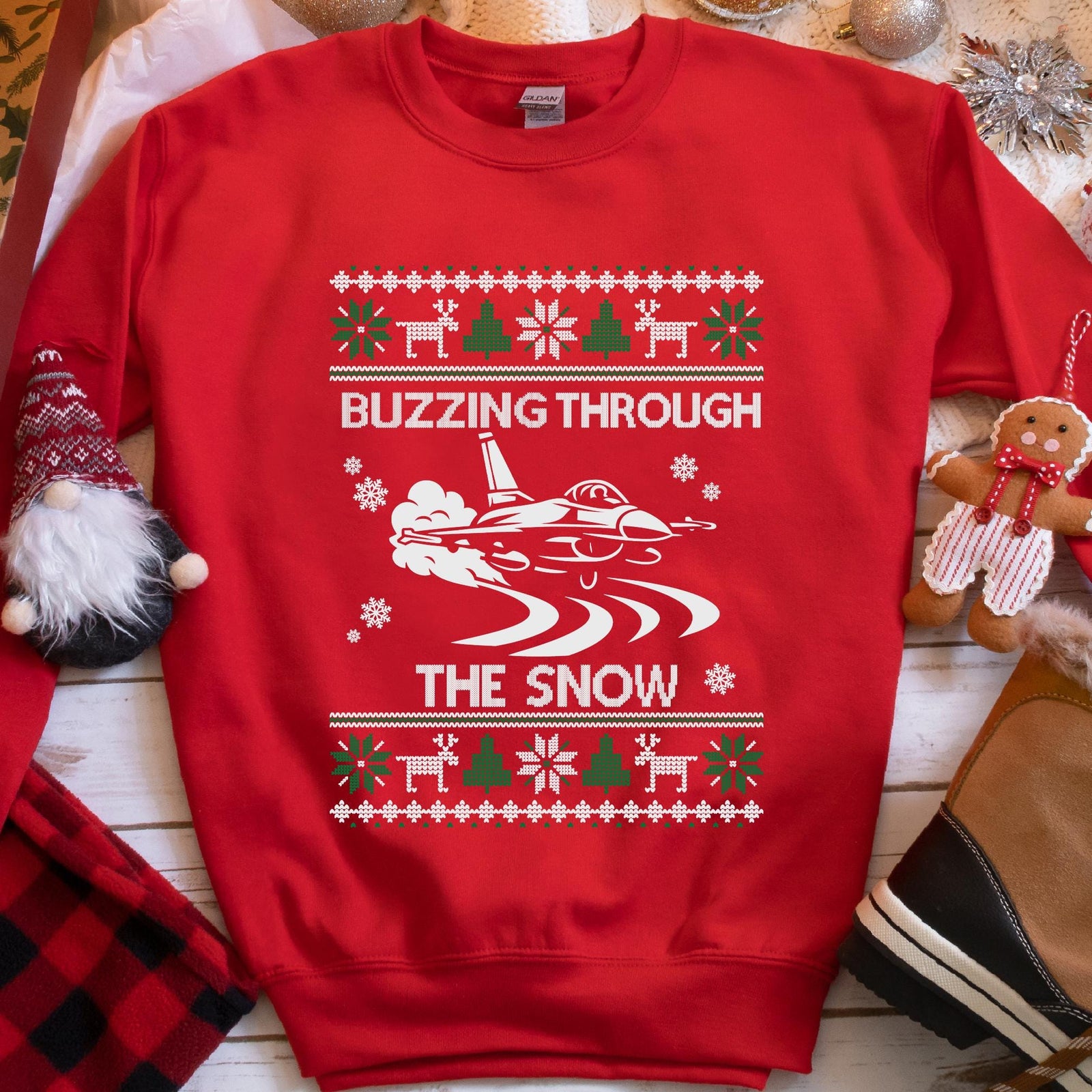 Buzzing Through the Snow Fighter Jet Christmas Sweatshirt - Red