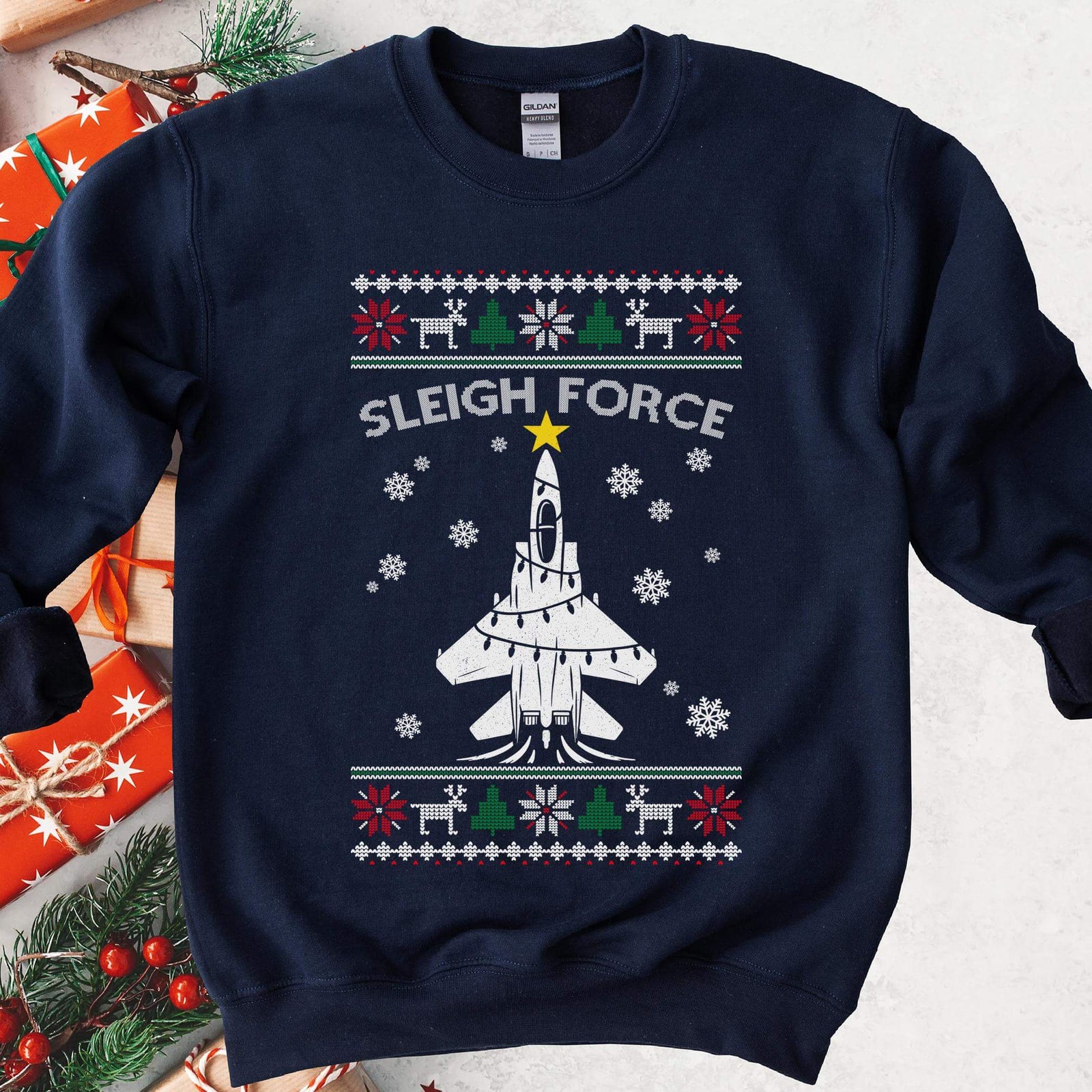 Sleigh Force Fighter Jet Christmas Sweatshirt - Navy